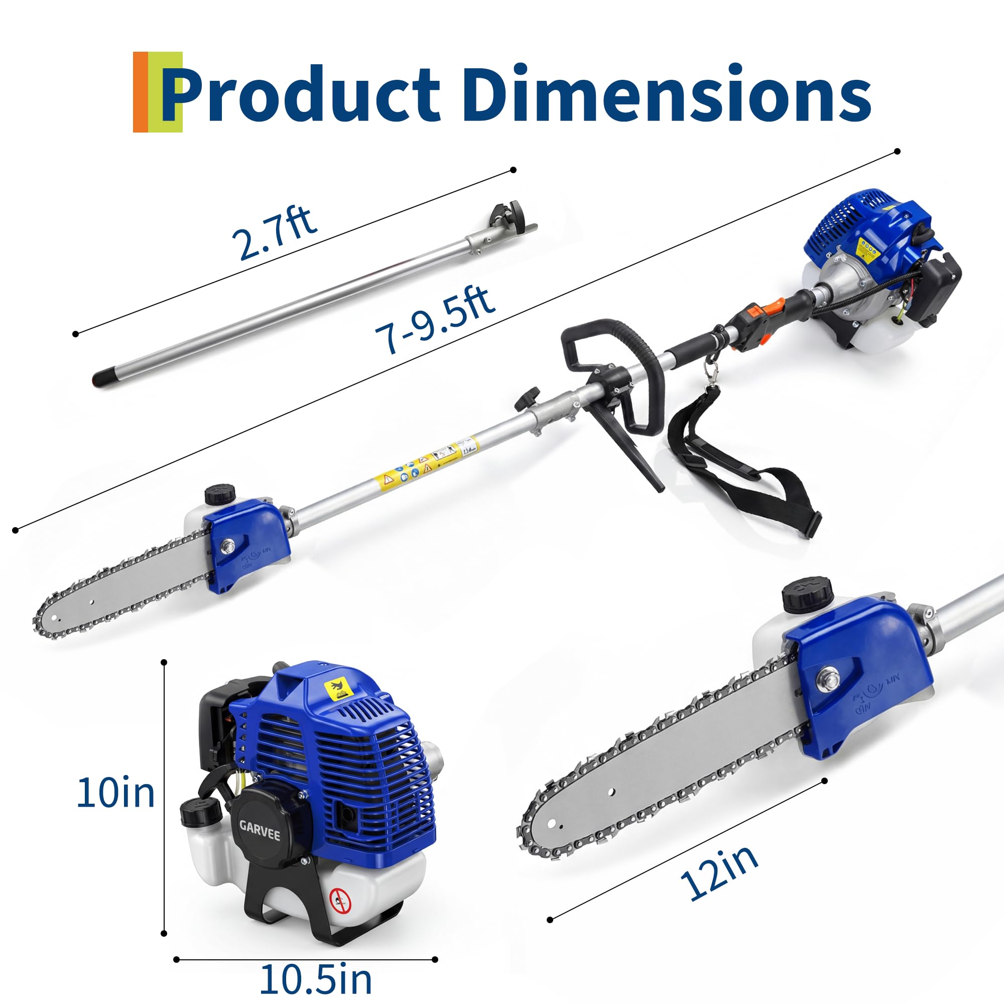 Garvee blue 52CC gas pole saw dimensions with extendable pole and 12" bar