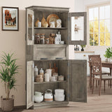 Garvee 170 cm Bathroom Storage Cabinet with 4 Doors, Adjustable Shelves, MDF Material, Glass Doors, Drawers, Freestanding, Grey for Kitchen & Living Room - Grey