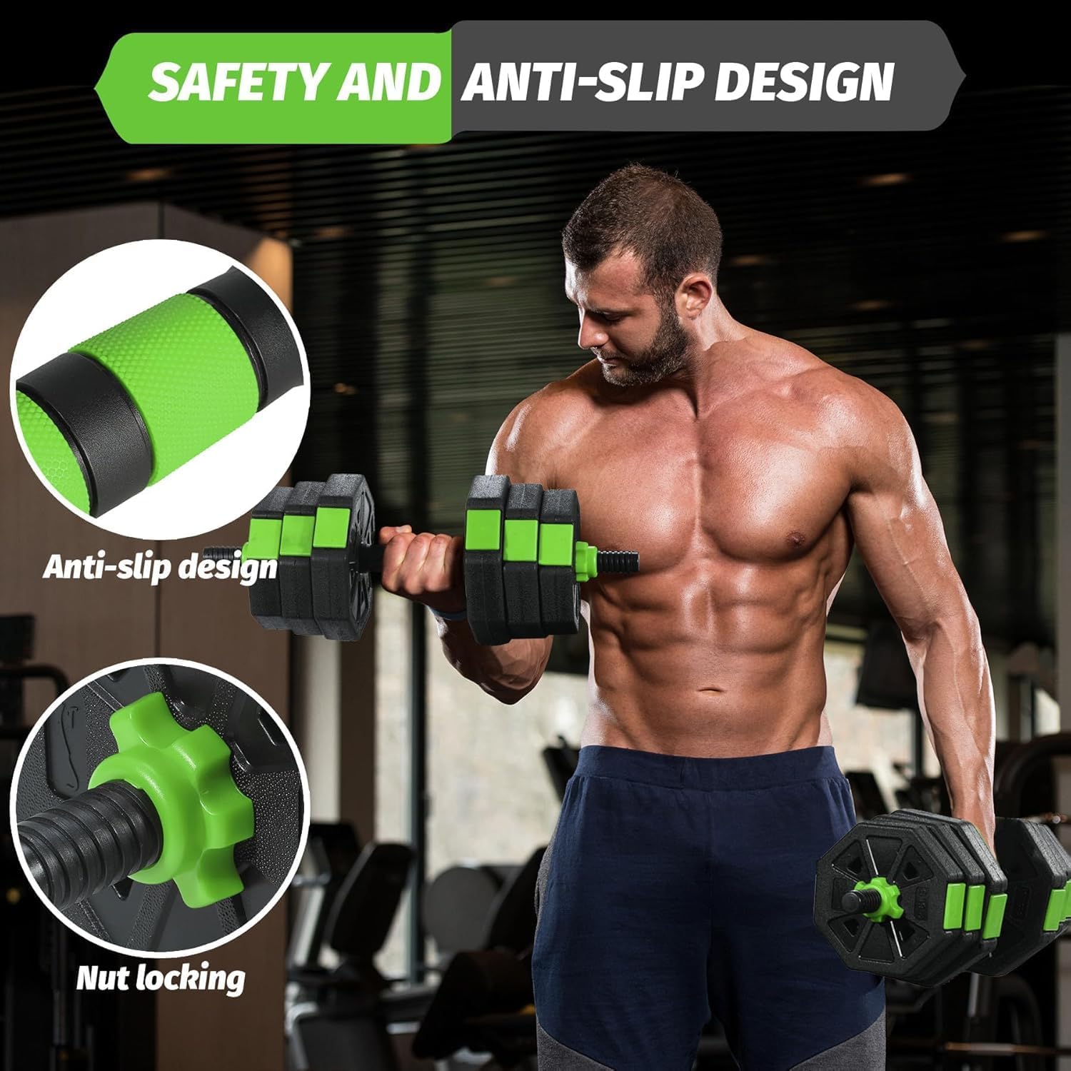 Garvee dumbbell with anti-slip grip and safety-lock nuts