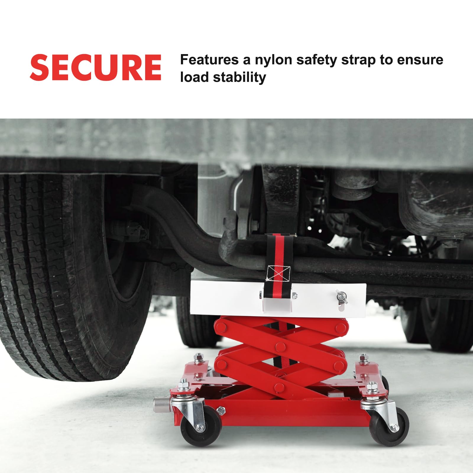 Nylon safety strap secures transmission for stability