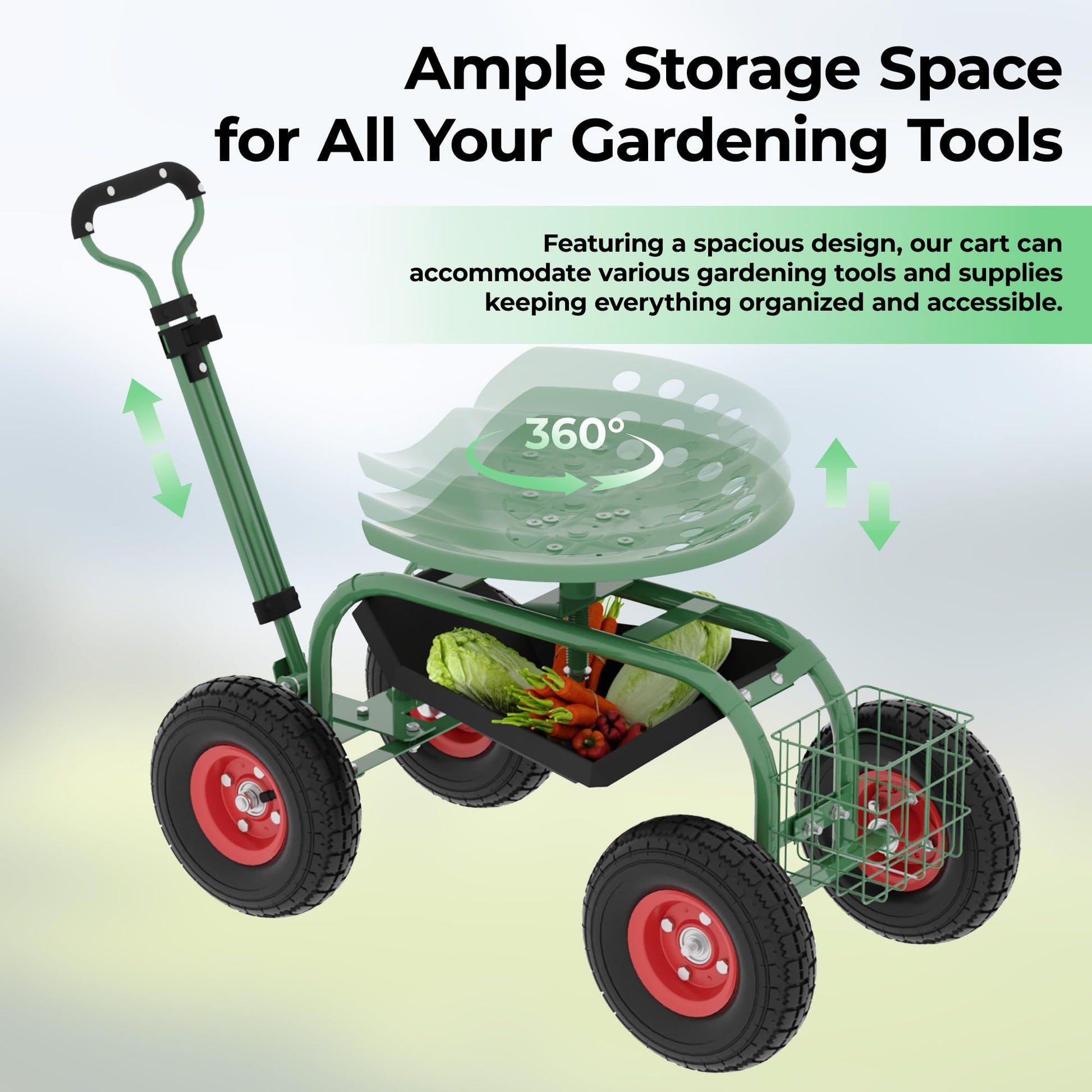 Garden cart with 360 degree swivel seat and utility tray
