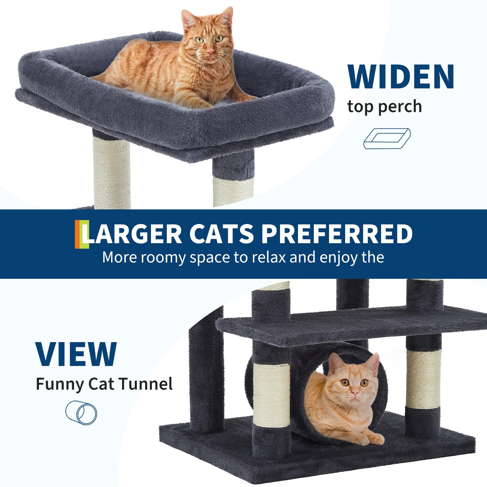 Deep gray cat tree with condo tunnel hammock and multiple resting areas