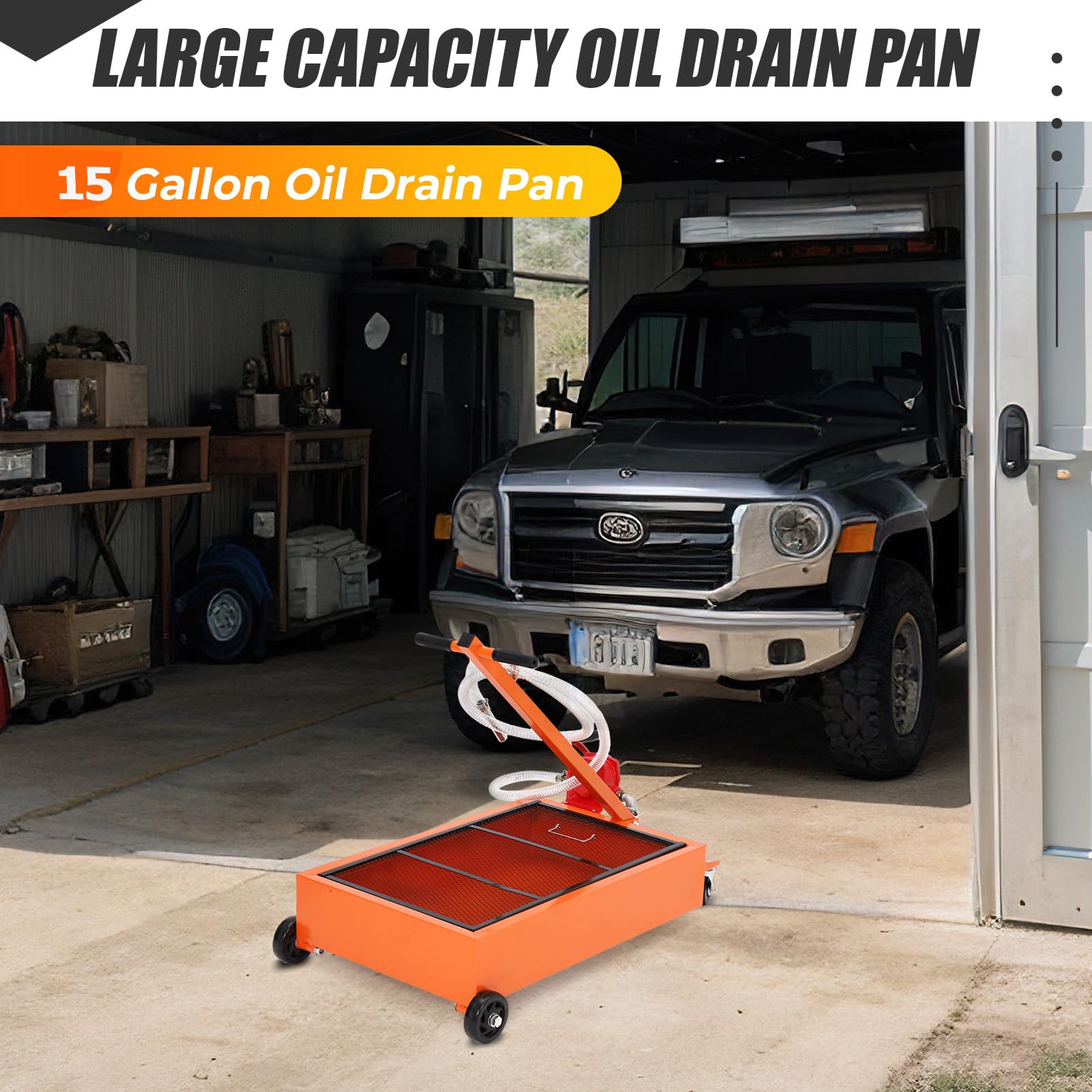 Orange 15 gallon low profile oil drain pan positioned in a garage beside a vehicle