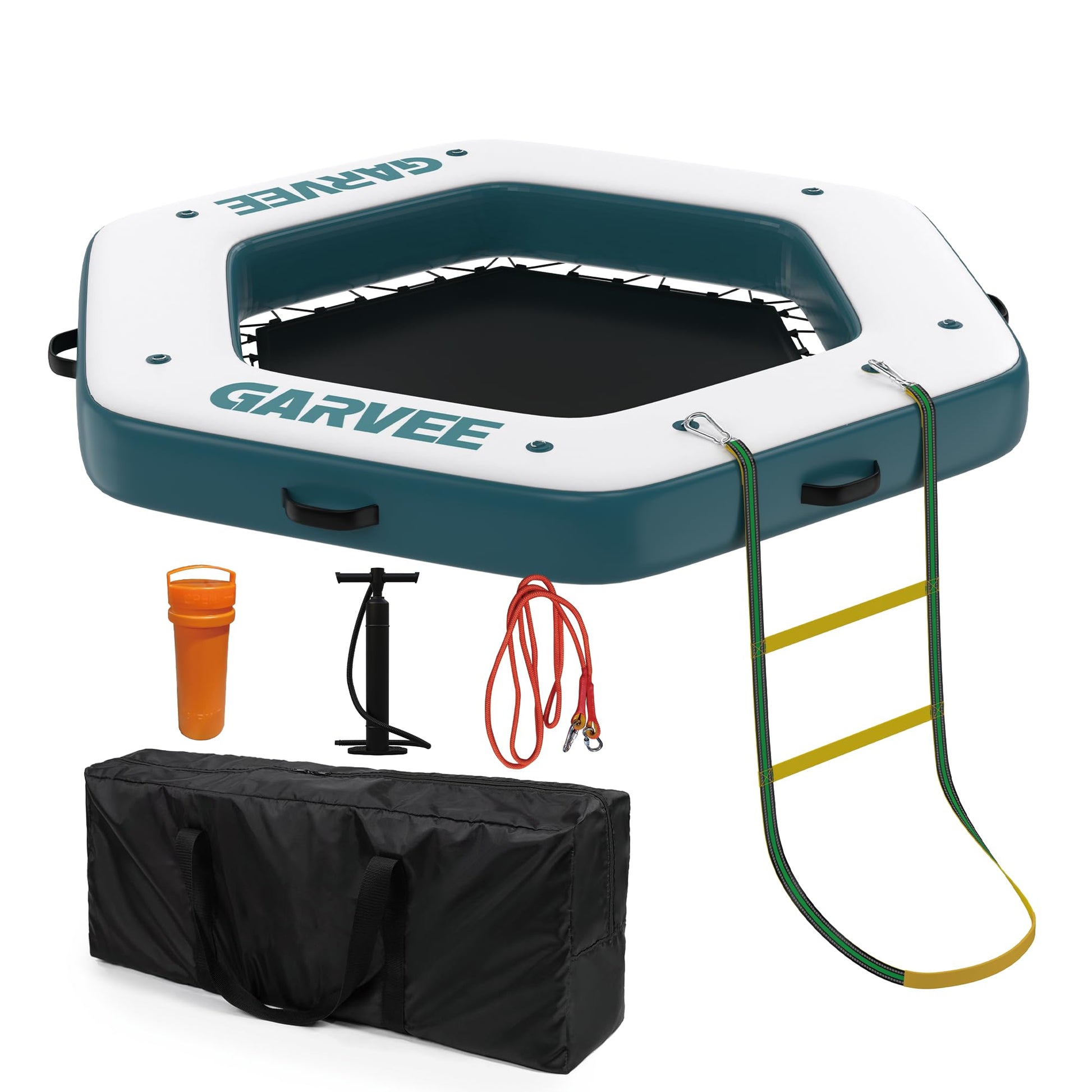 Inflatable floating dock with pump, carry bag, ropes and ladder