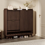 Garvee Narrow Fluted Shoe Cabinet Storage for Entryway, Wood Large Freestanding Organizer with Sliding Door, 2 Flip Drawers, Adjustable Shelves, Bottom Open Shelf, Elegant Design - Black Walnut