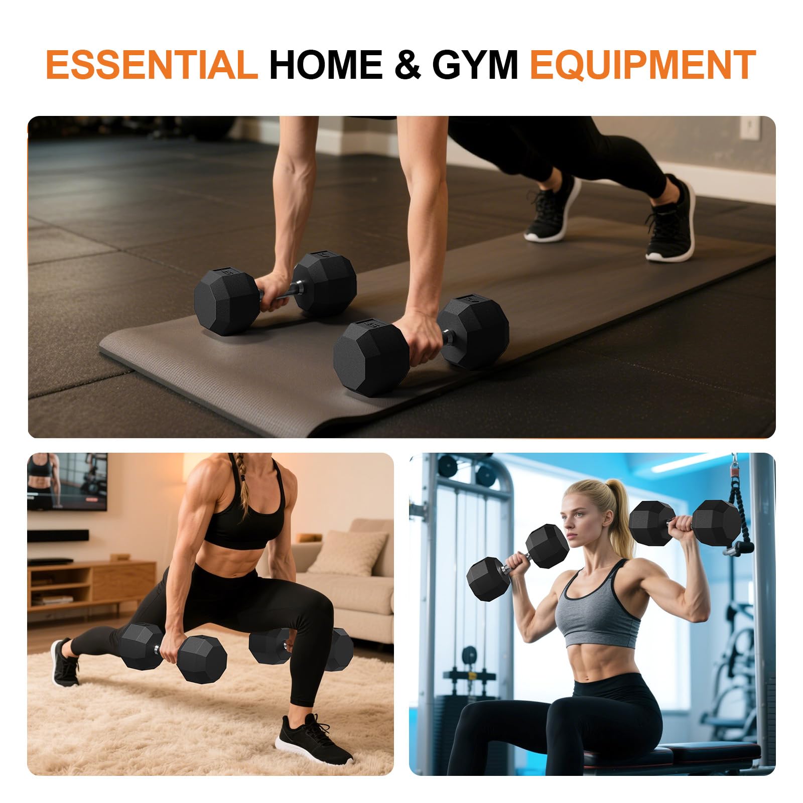 Rubber coated dumbbells used for home and gym strength workouts