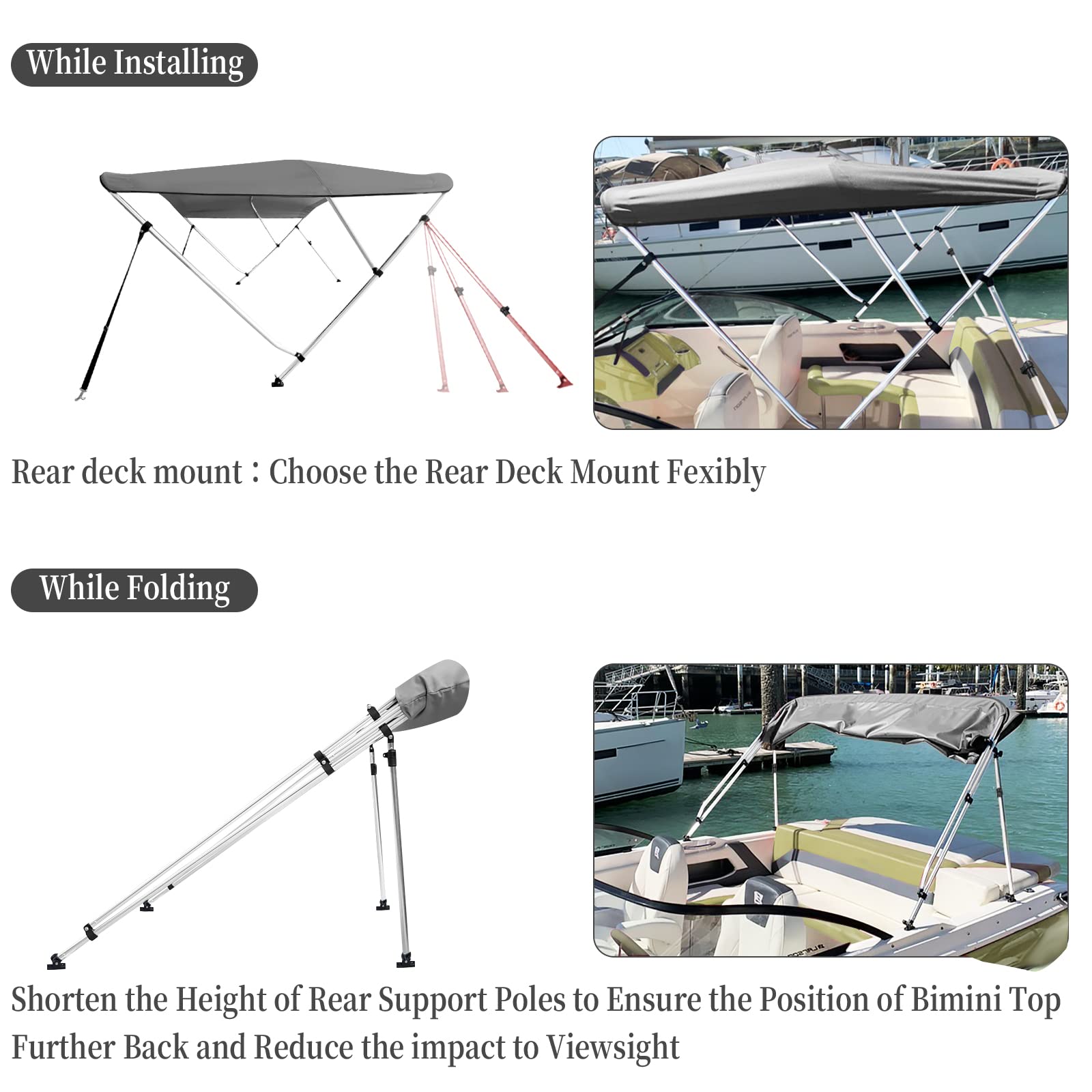Adjustable rear support poles and foldable bimini top setup
