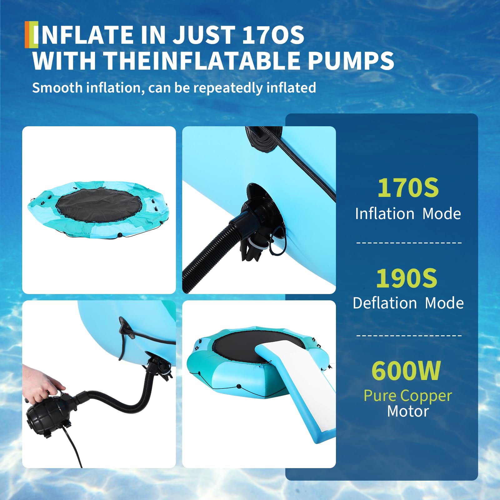 600W pump for fast inflation and deflation of water trampoline
