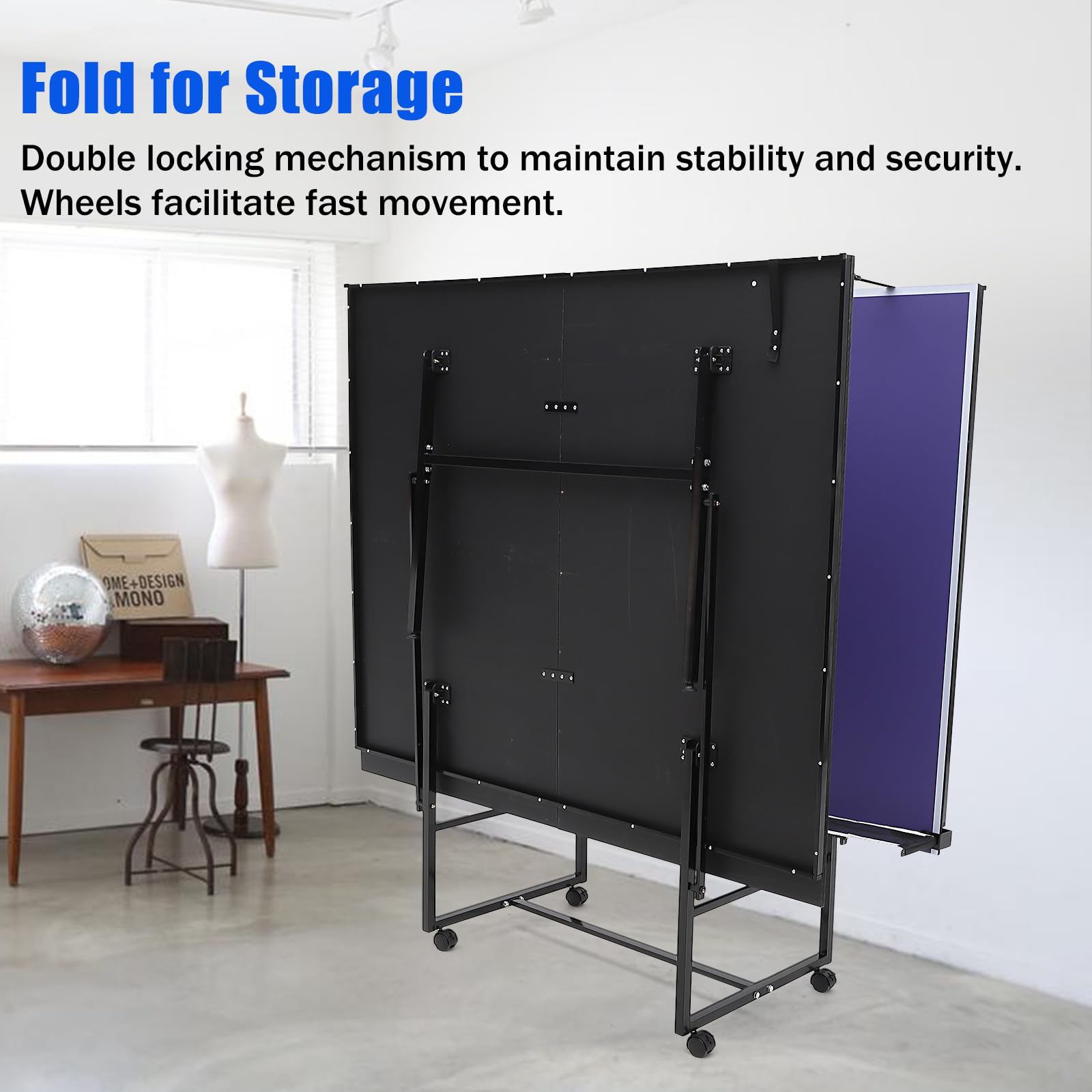Folded ping pong table with double locking mechanism and wheels