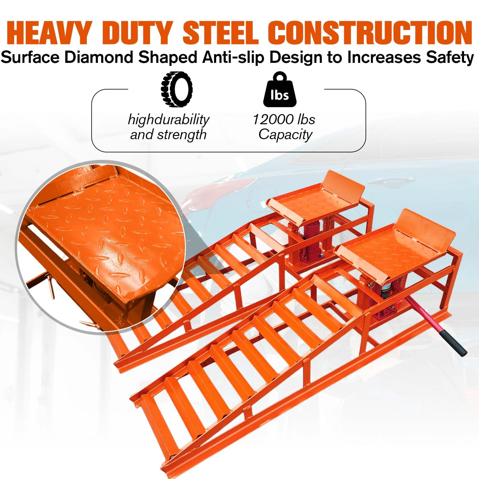 Heavy-duty alloy steel car ramps with anti-slip deck