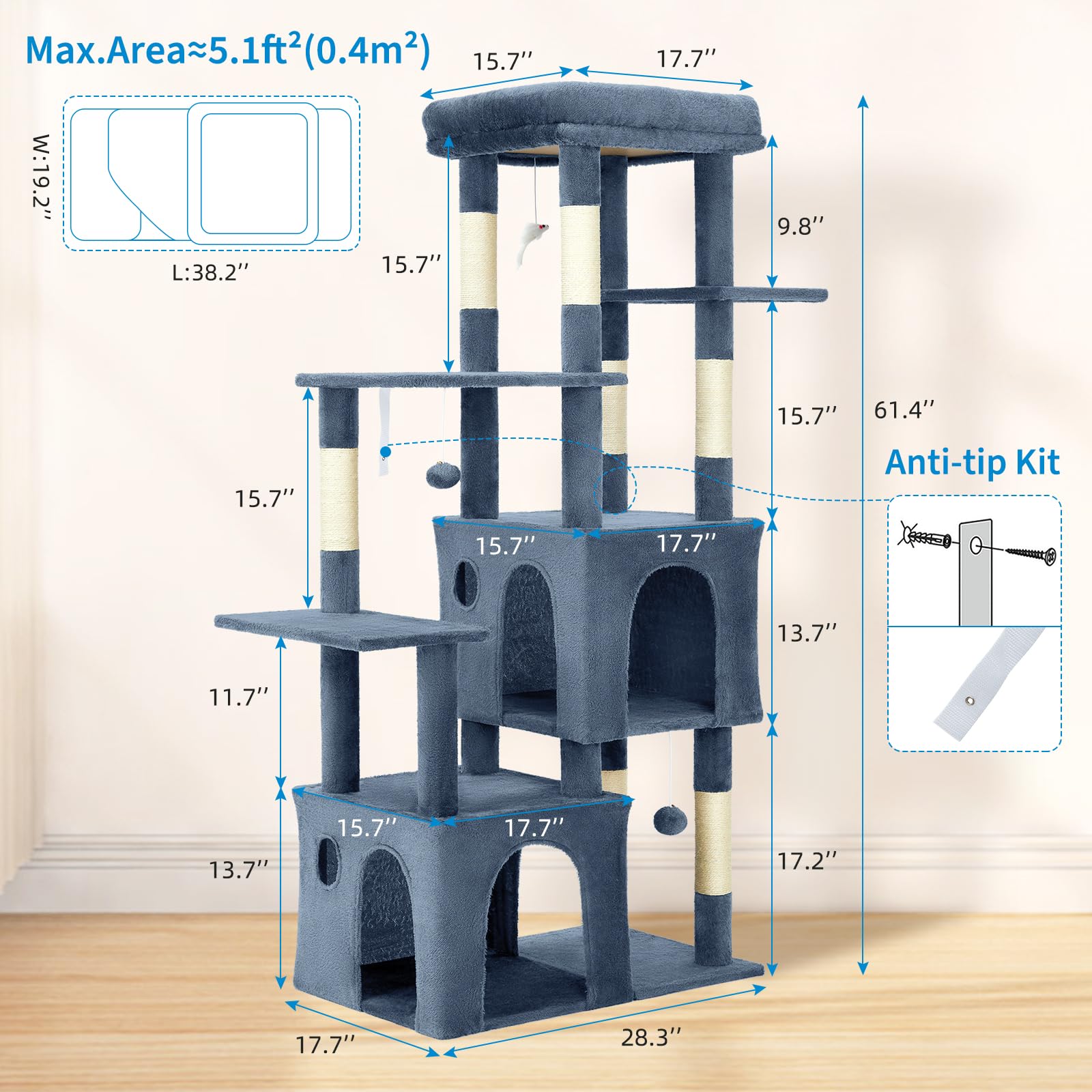 light blue 61 inch cat tree with labeled dimensions, wide footprint, and anti tip kit