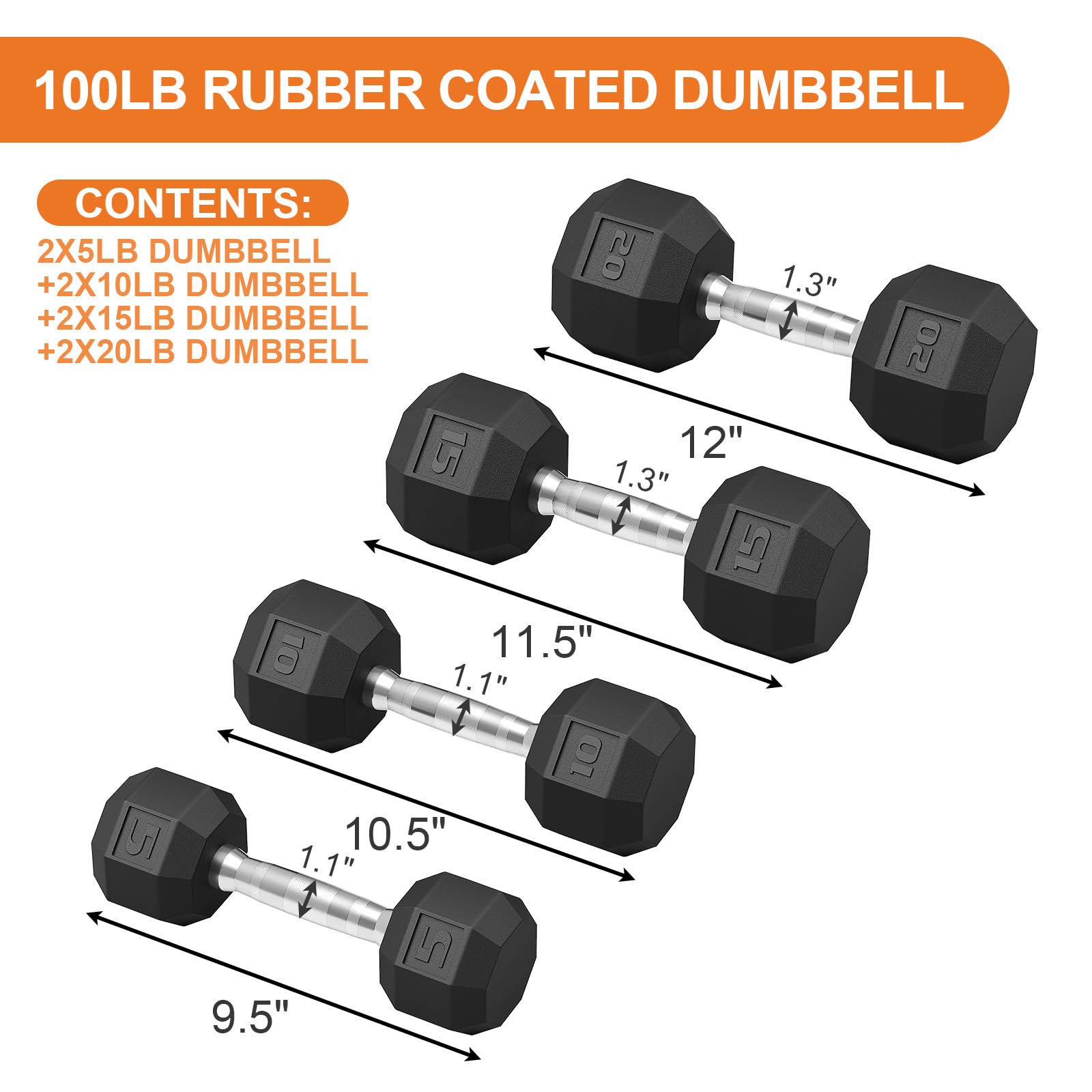 100 lb dumbbell set with 5 lb, 10 lb, 15 lb, and 20 lb pairs
