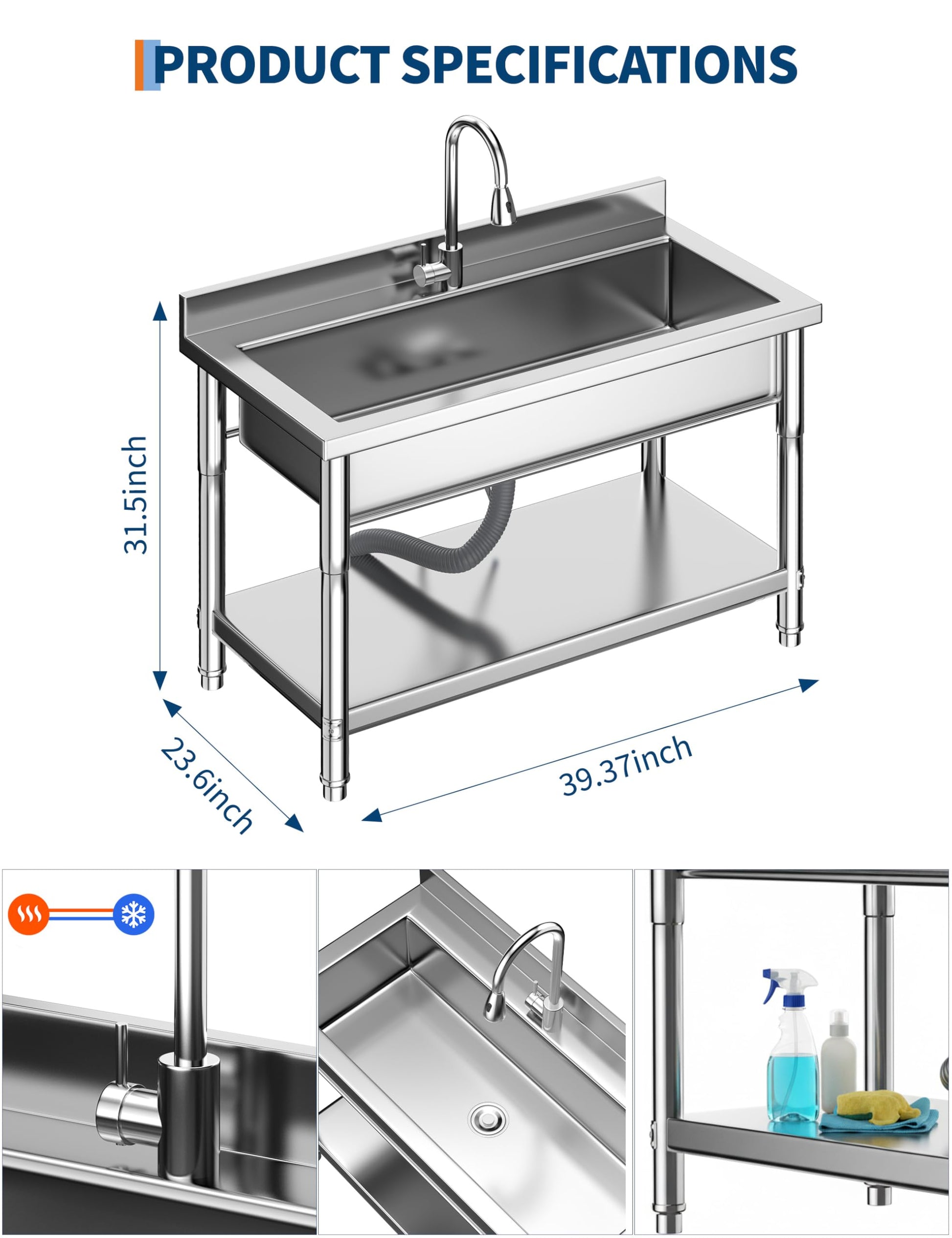 Évier utilitaire Garvee en acier inoxydable à cuve unique avec robinet extractible 3 modes et bac de 83 litres, qualité commerciale durable et autoportante pour cuisine et buanderie