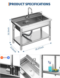 Évier utilitaire Garvee en acier inoxydable à cuve unique avec robinet extractible 3 modes et bac de 83 litres, qualité commerciale durable et autoportante pour cuisine et buanderie