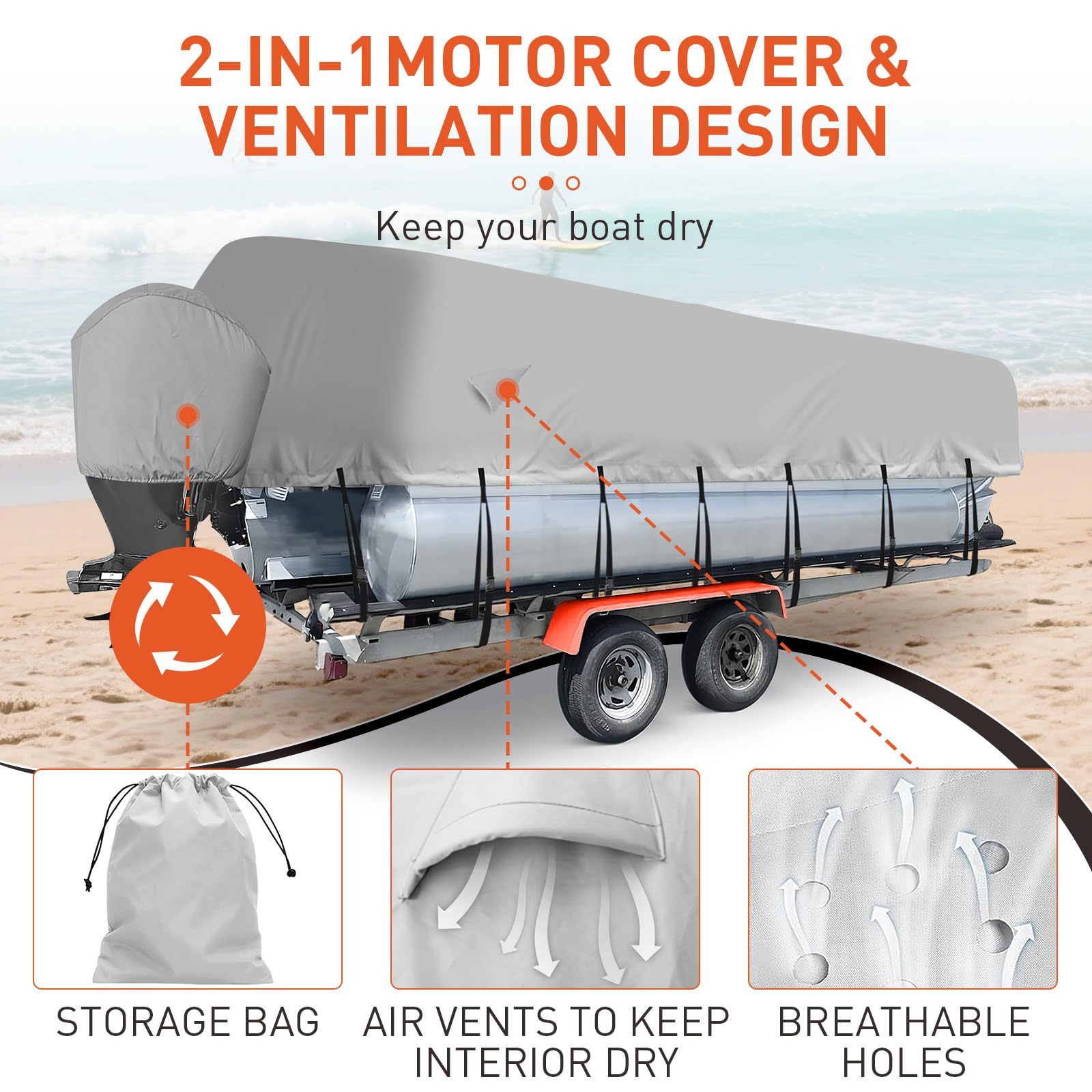 pontoon boat cover with air vents and storage bag motor cover