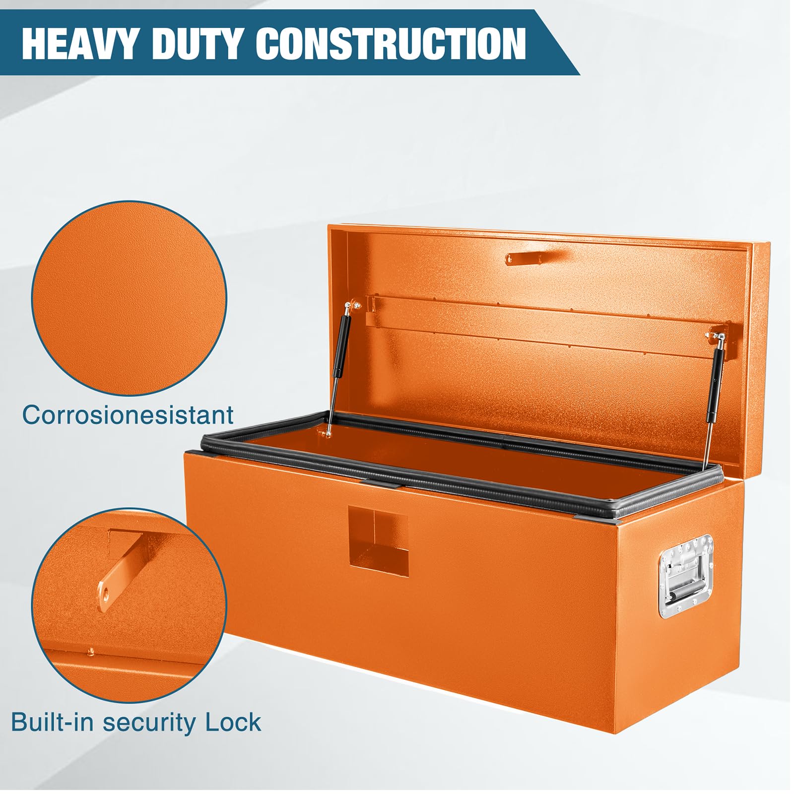 Heavy duty steel construction for truck bed tool box