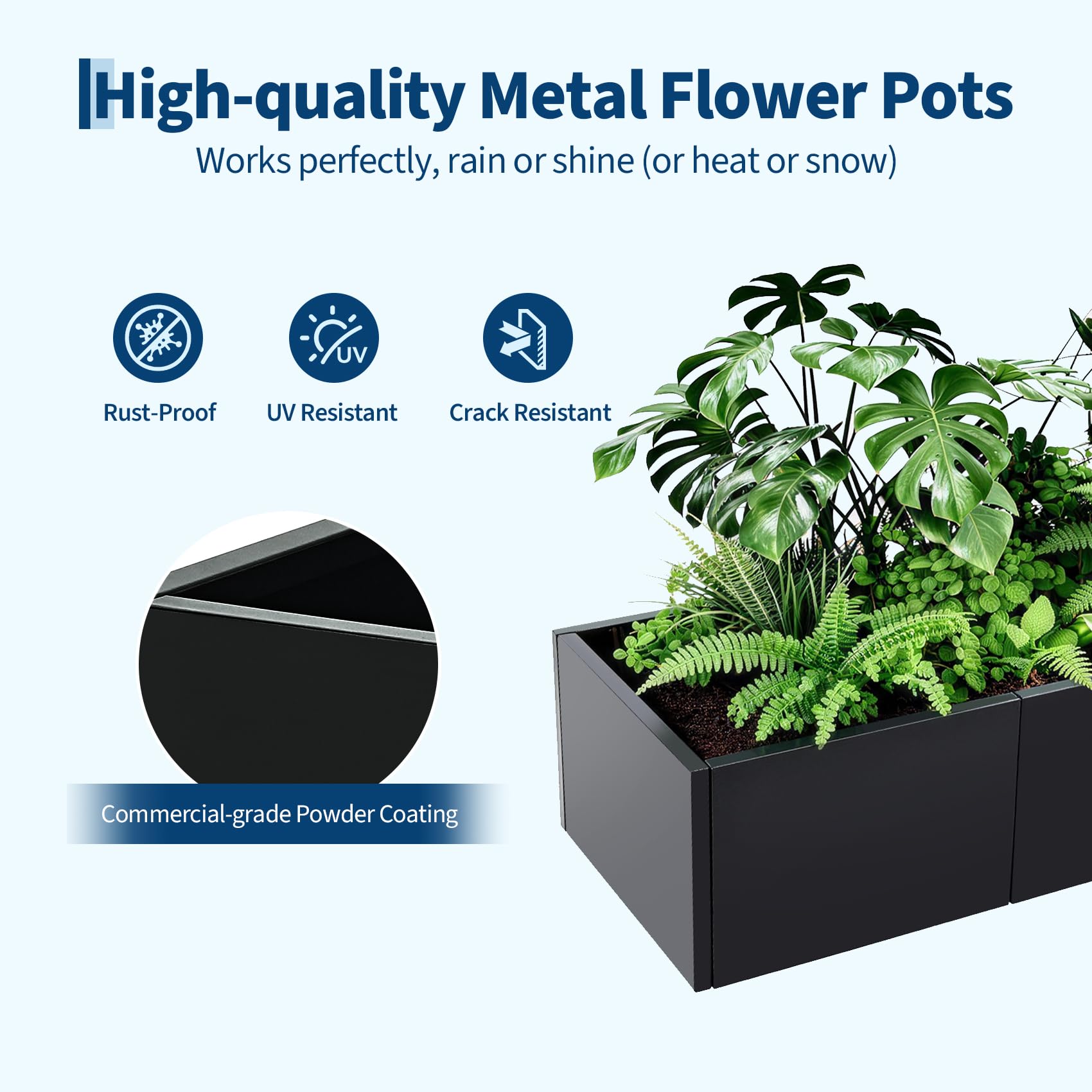 Powder coated black metal planter box panel with weather resistant finish
