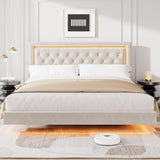 Garvee Floating Bed Frame King Size with Smart LED Lights, Upholstered Platform Bed, Solid Wood Slats, Noise-Free, Easy Assembly, White - White