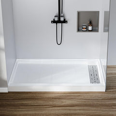 Garvee 48" x 32" Non-Slip Shower Base With Right Drain, SMC Construction, 304 Stainless Steel Drain Cover, Bathroom Floor Tray, White