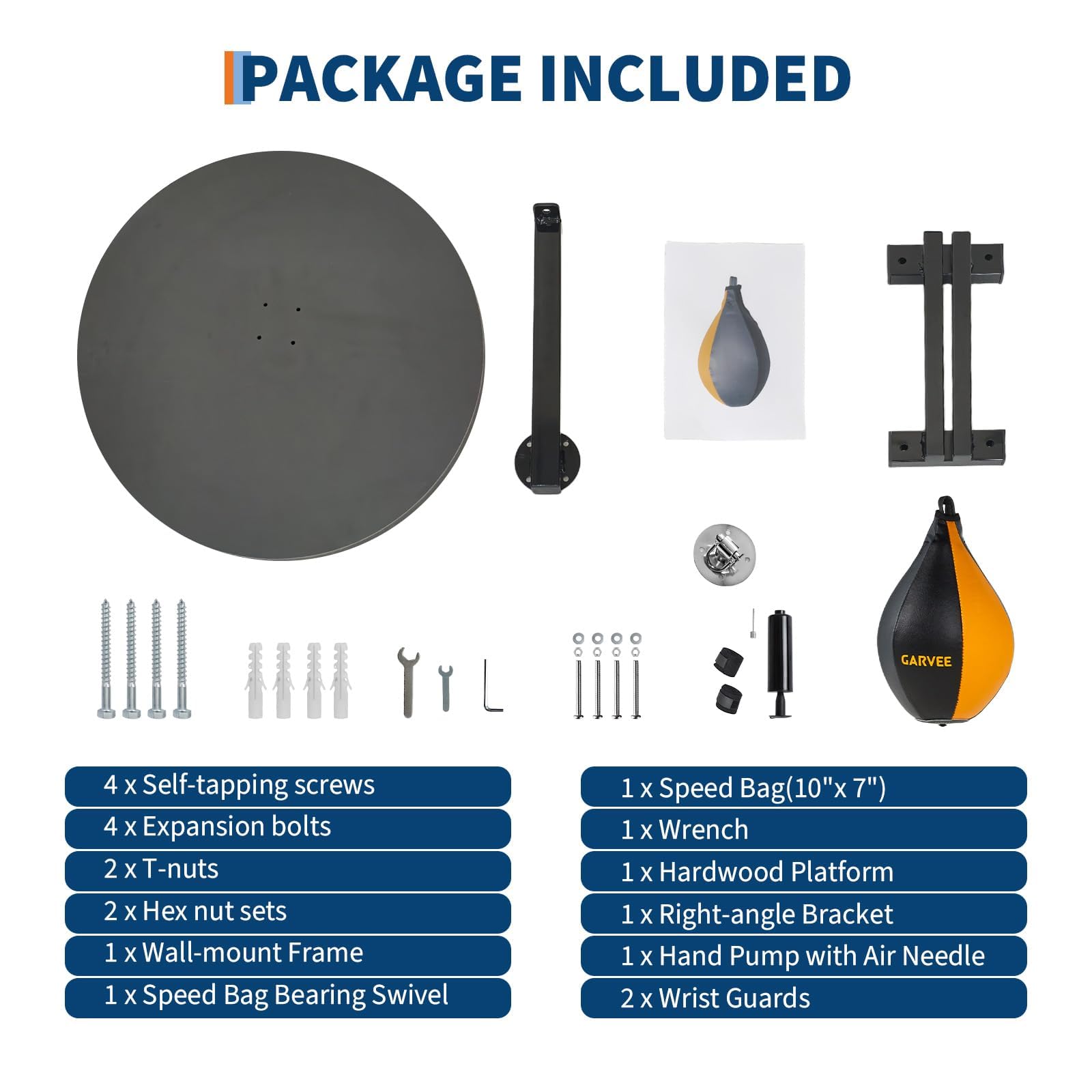 Package contents of Garvee speed bag platform kit