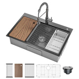 Garvee Drop In Kitchen Sink With Pull Down Spring Faucet, 33x22x9 Inch, Stainless Steel, Black, Single Bowl Workstation With Accessories For Kitchen