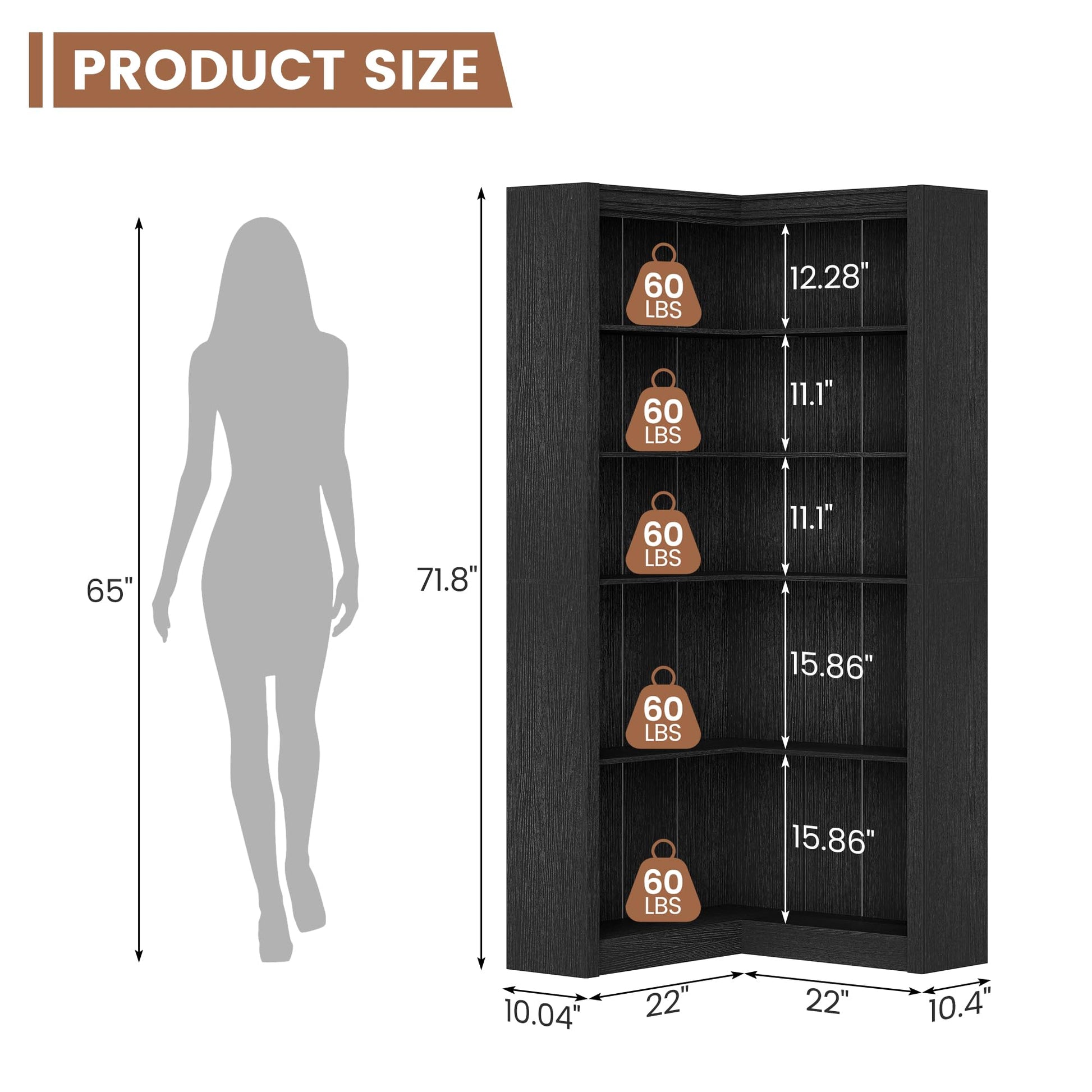 Product size diagram showing 71.8 inch height and 60 lbs per shelf