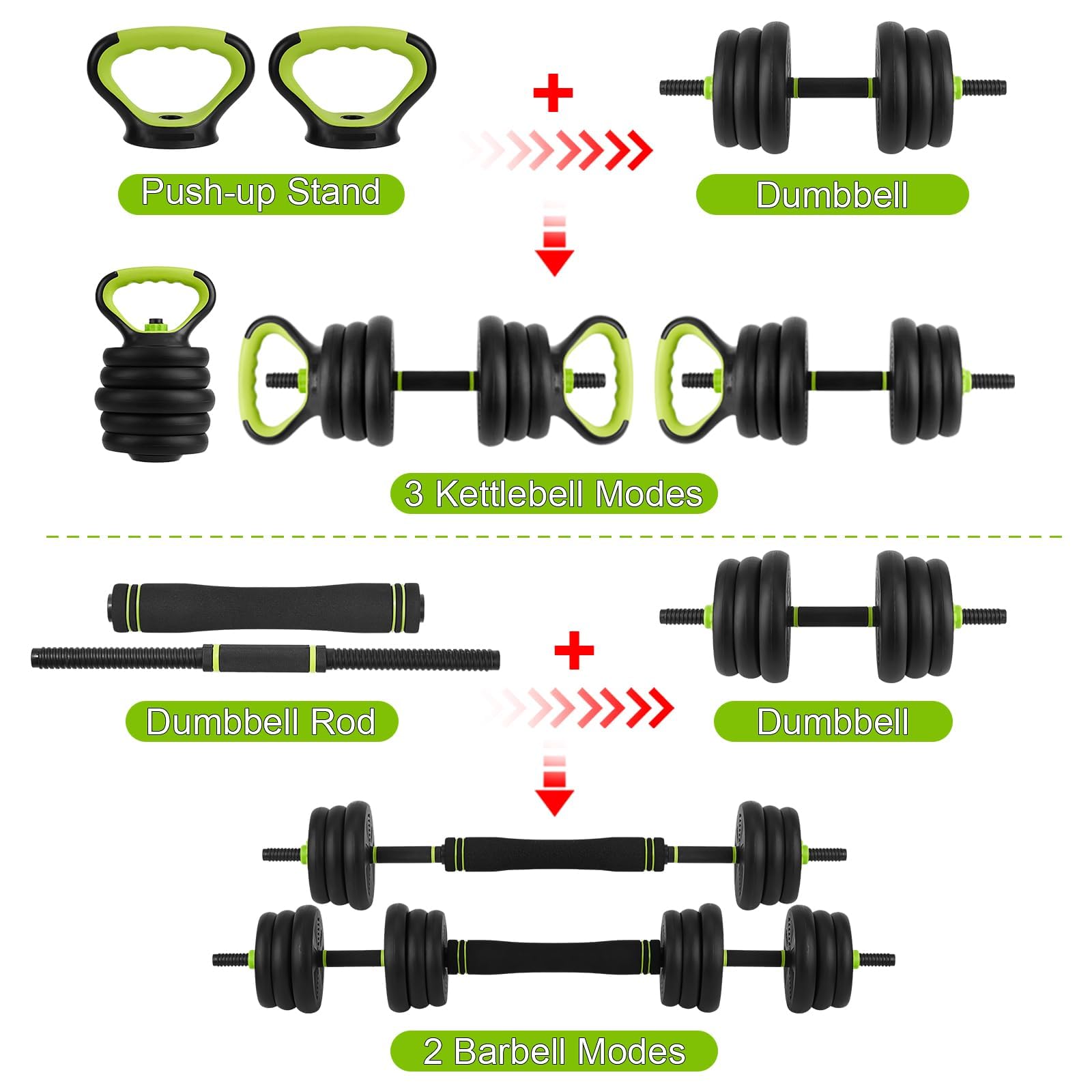 4-in-1 adjustable dumbbell set with dumbbell, kettlebell, barbell and push-up stand modes