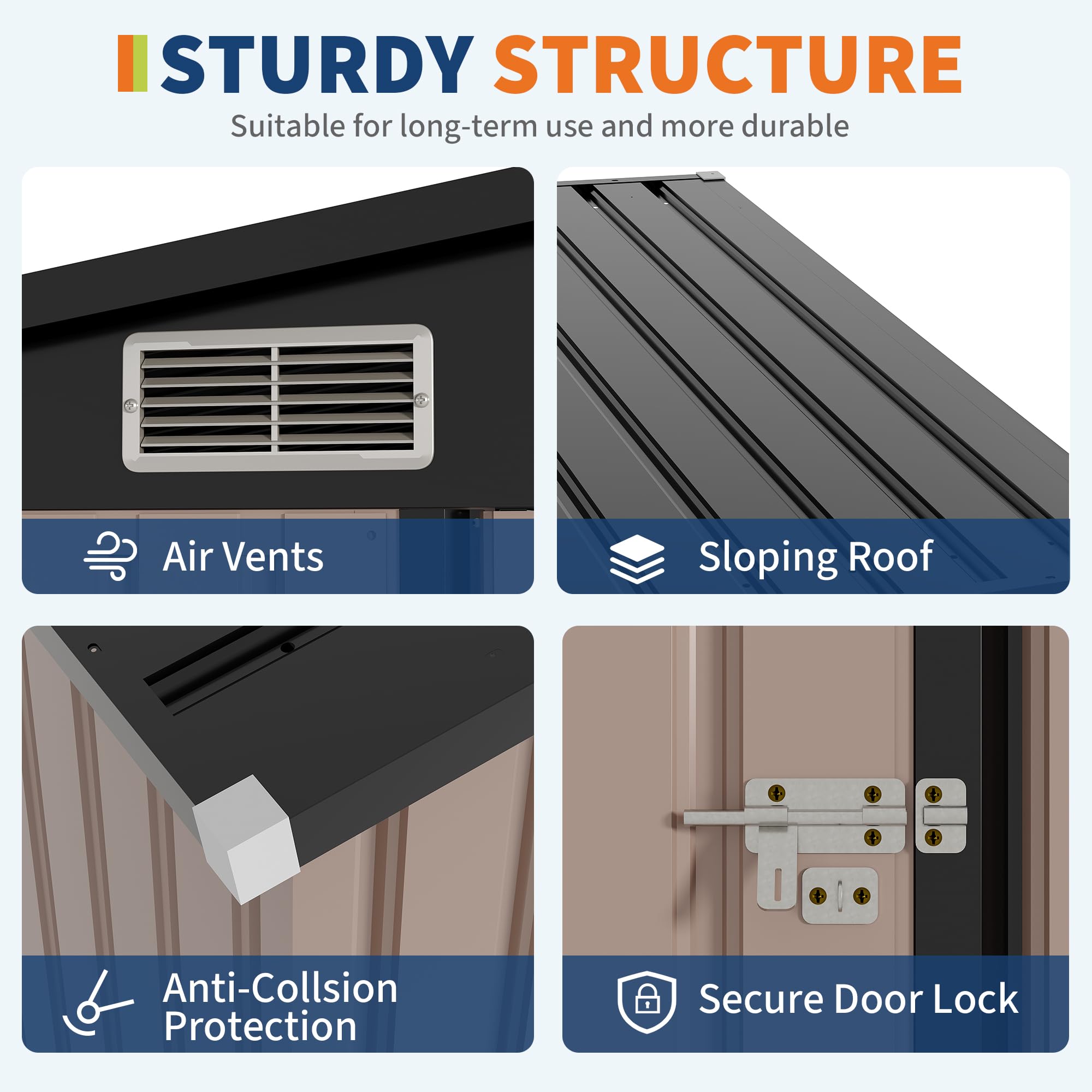 Brown metal storage shed sturdy structure details with air vents sloping roof anti-collision protection and secure door lock