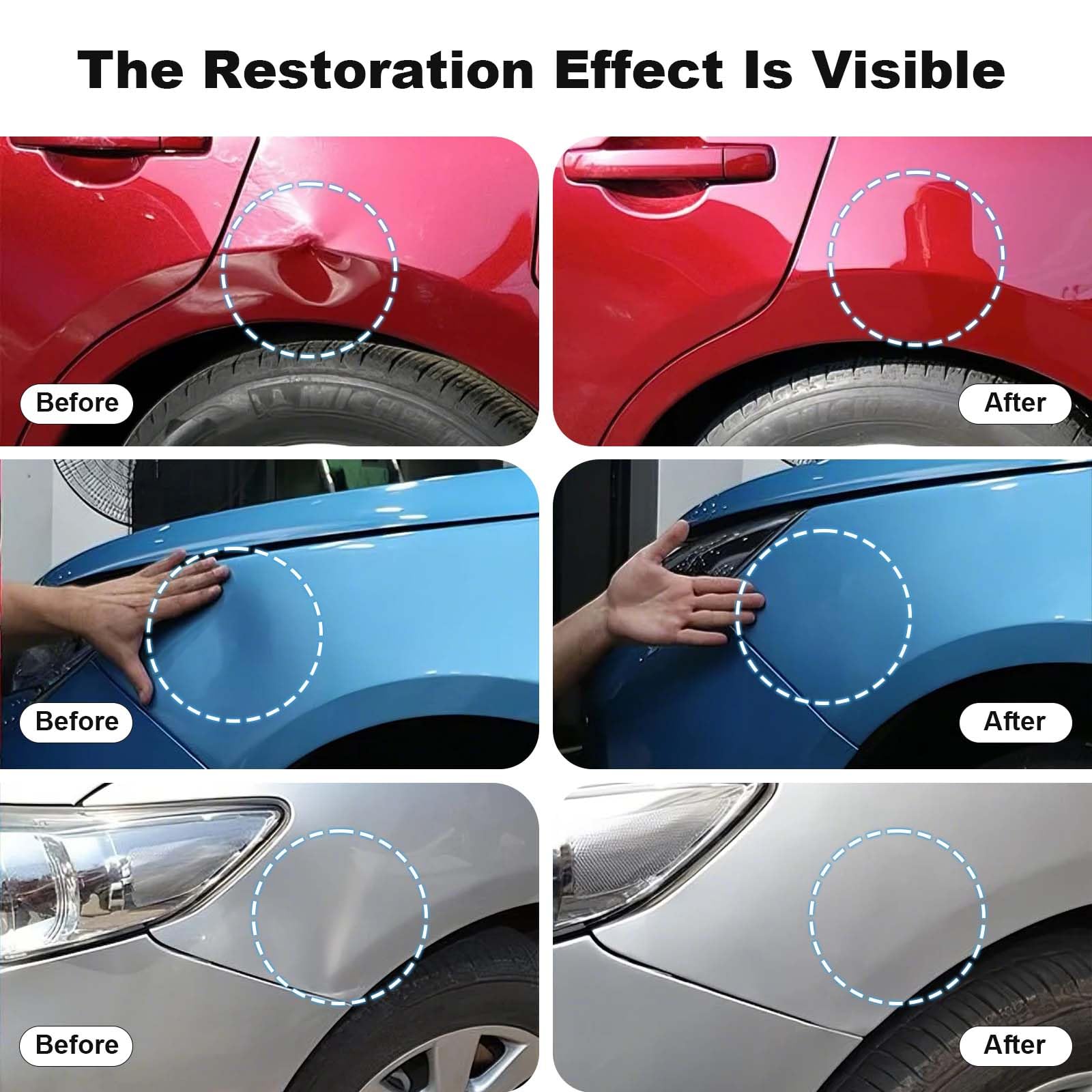 Before and after dent repair results shown on vehicle panels