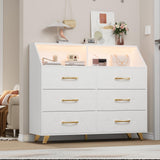 Garvee 6 Drawer Dresser with LED Lights & Charging Station, Wooden White Dresser for Bedroom, Modern TV Stand Dressers & Chests of Drawers for Closet, Living Room, Hallway, Entryway - White