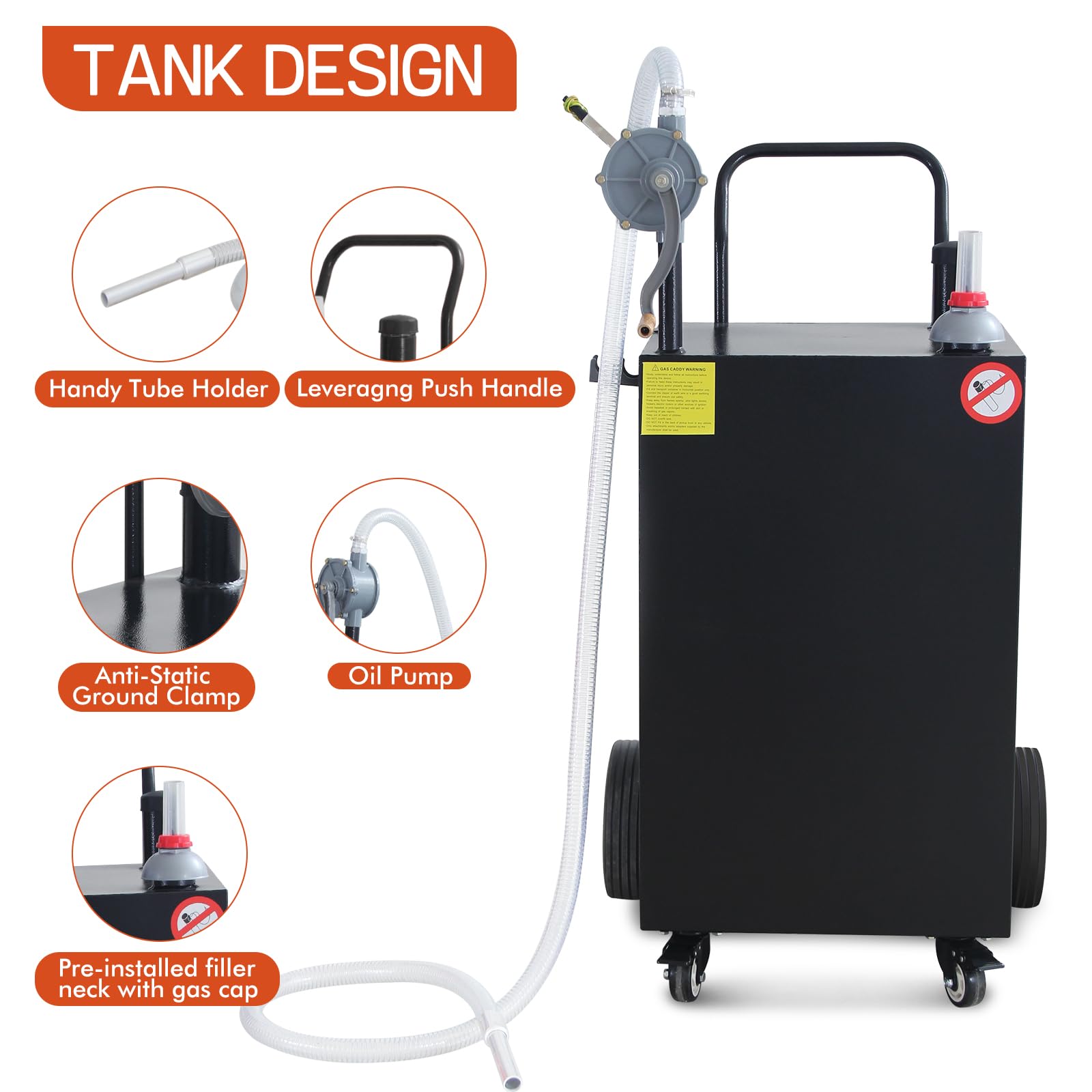Black portable gas caddy tank layout with hose hook fuel gauge and pump details