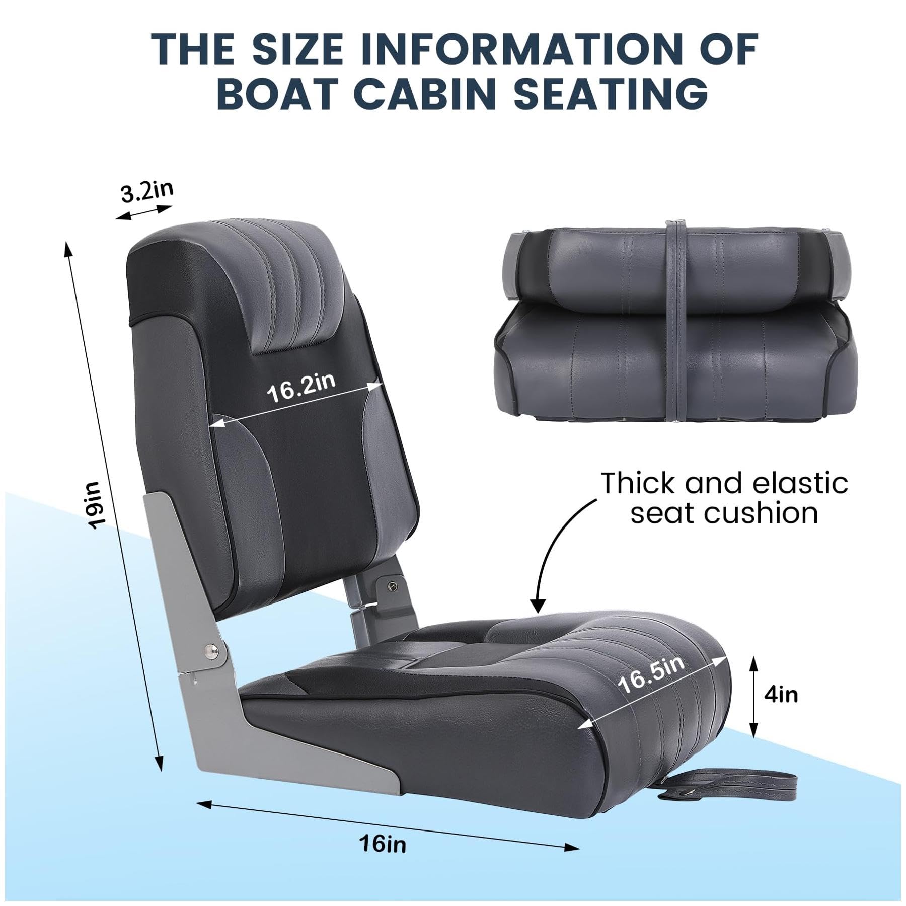 black and gray low back boat seat dimension information with thick cushion detail