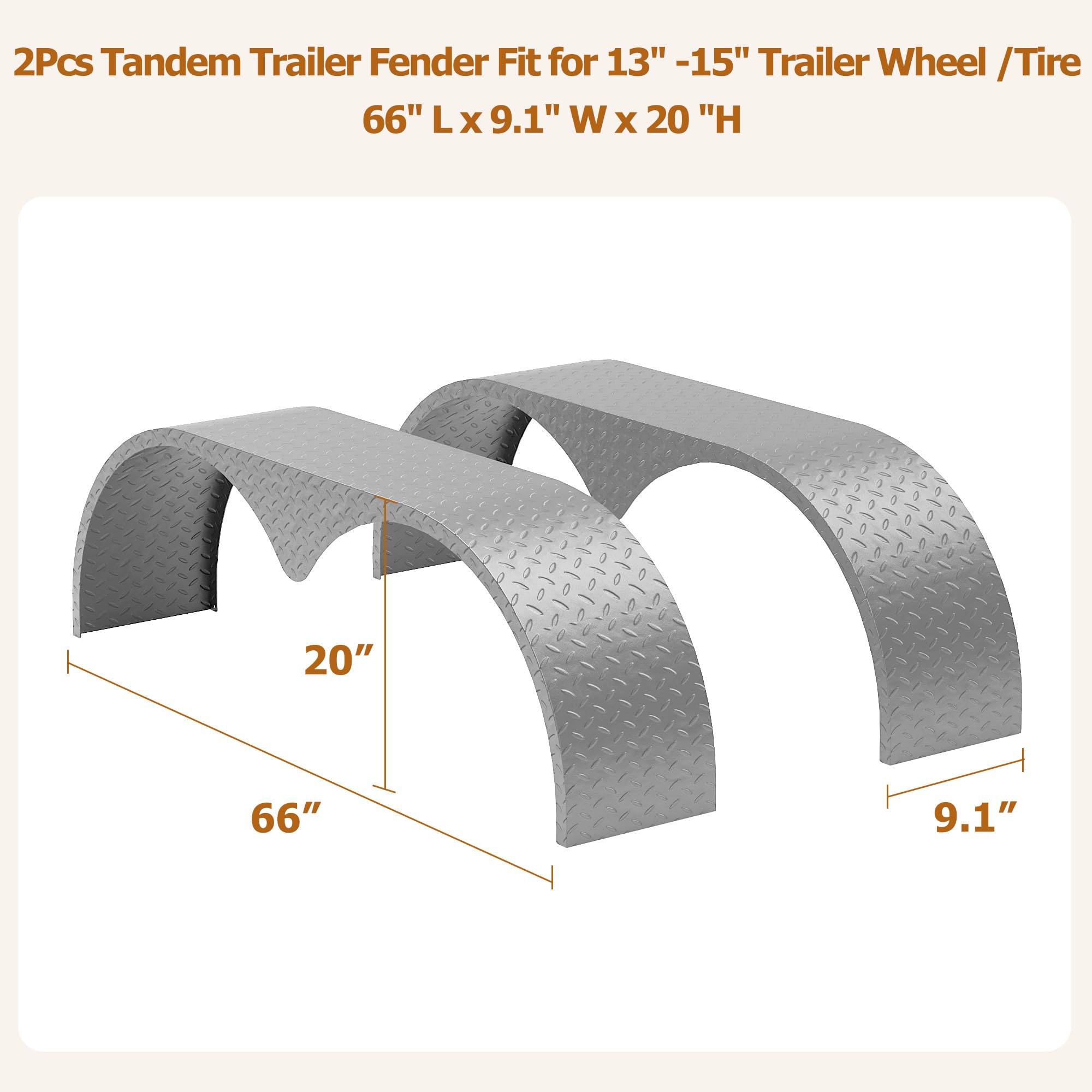 Silver Garvee tandem trailer fender dimensions 66 inch length 9.1 inch width 20 inch height
