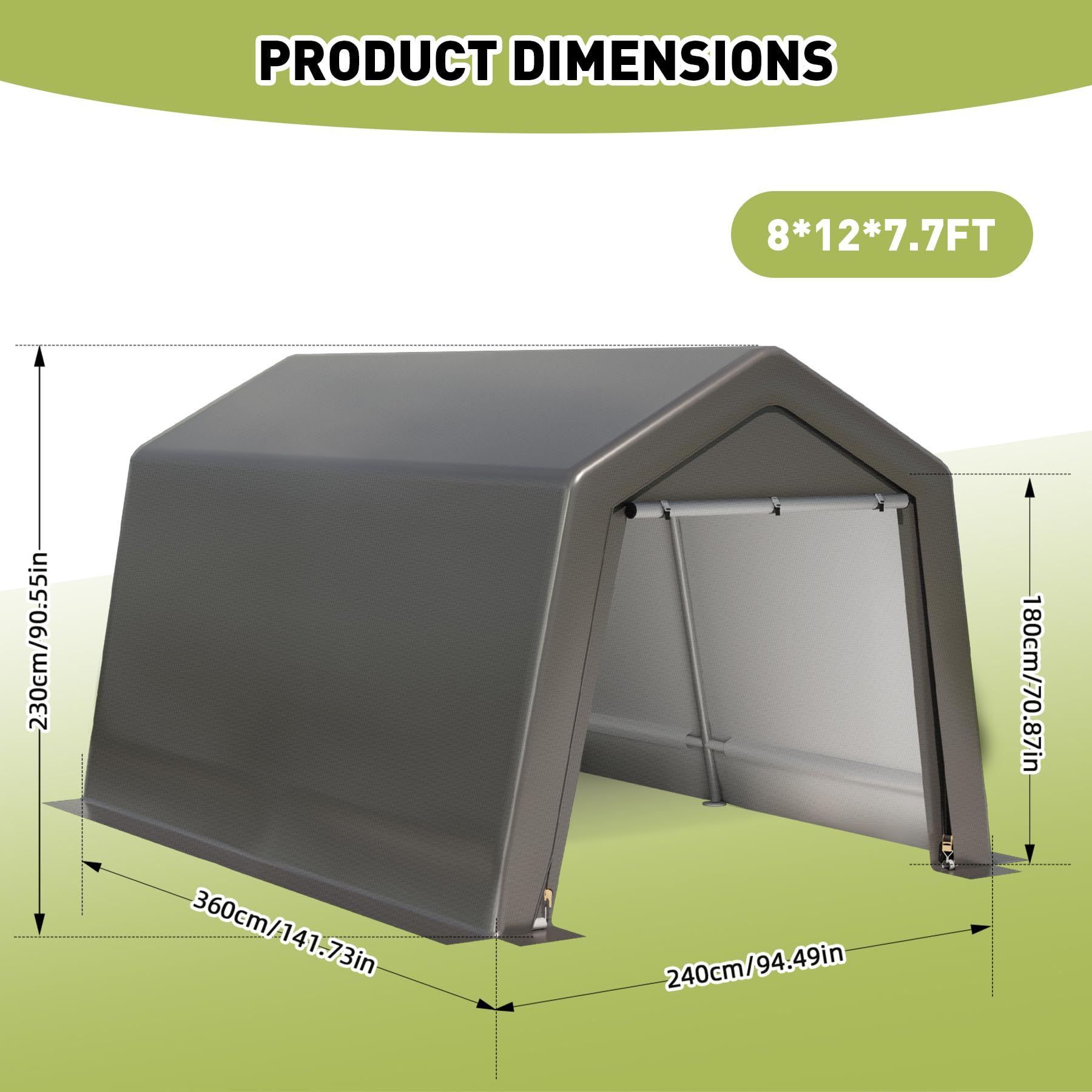 Product dimensions for 8x12x7.7FT portable shed
