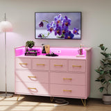 Garvee 8-Drawer TV Stand with RGB Lights & Charging Station, App Controlled Music Sync LED, Large Capacity Wooden Console Table for Bedroom, Pink - Pink