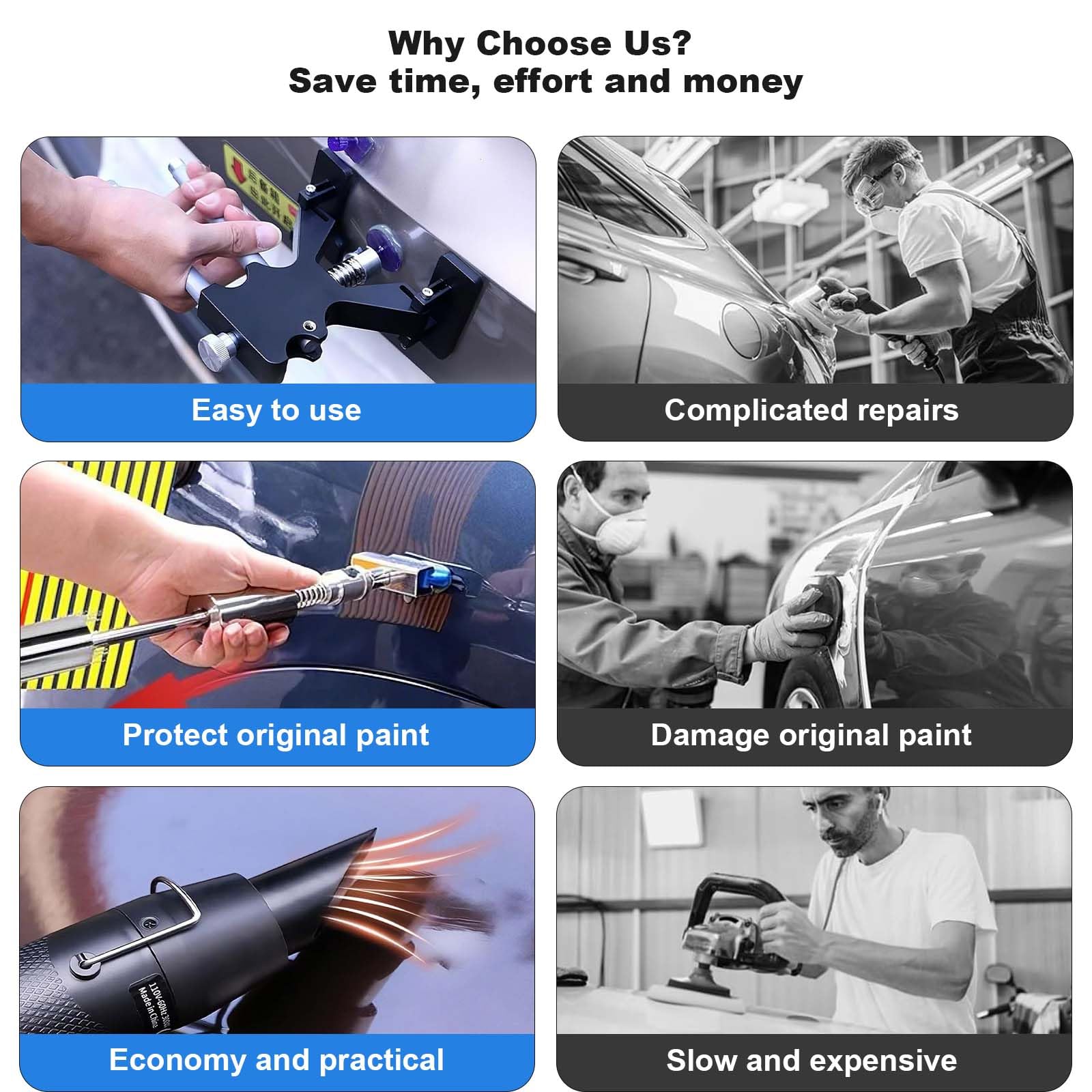 Comparison showing paint protection, ease of use, and cost-effective repair versus complicated bodywork