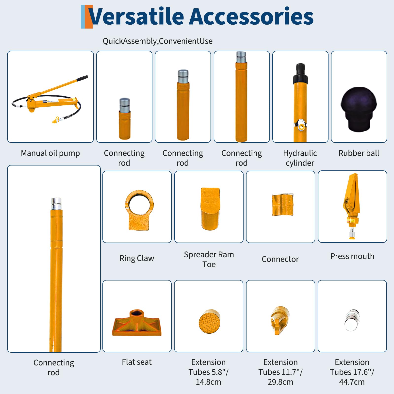 Yellow 10 Ton porta power extensions, contact heads, and connectors