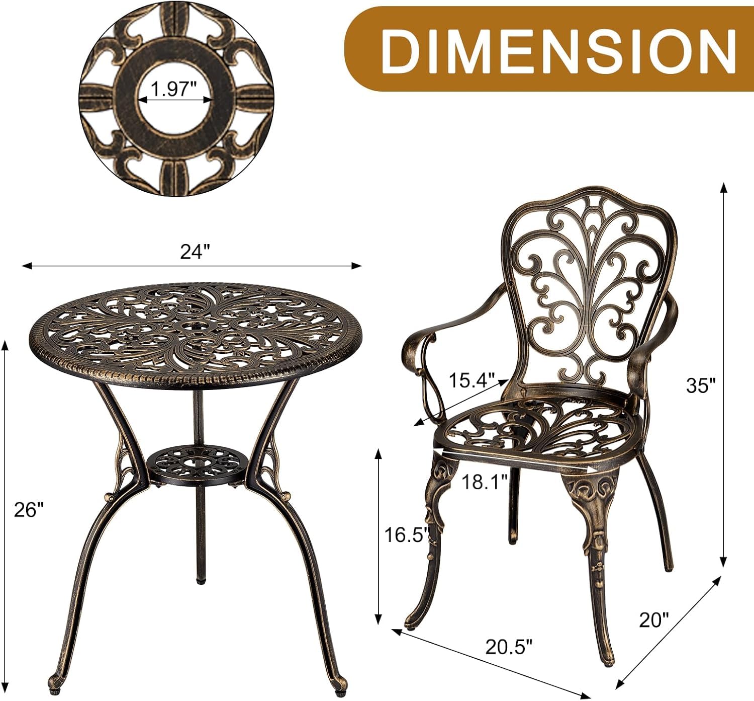 Dimension guide for bronze bistro table and chair with tabletop, chair, seat, and umbrella hole measurements