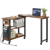 Garvee Rotating Side Table with Charging Station and Extra Storage Bag for Bedroom and Living Room, 6 Lockable Brake Wheels, Industrial Style, Black