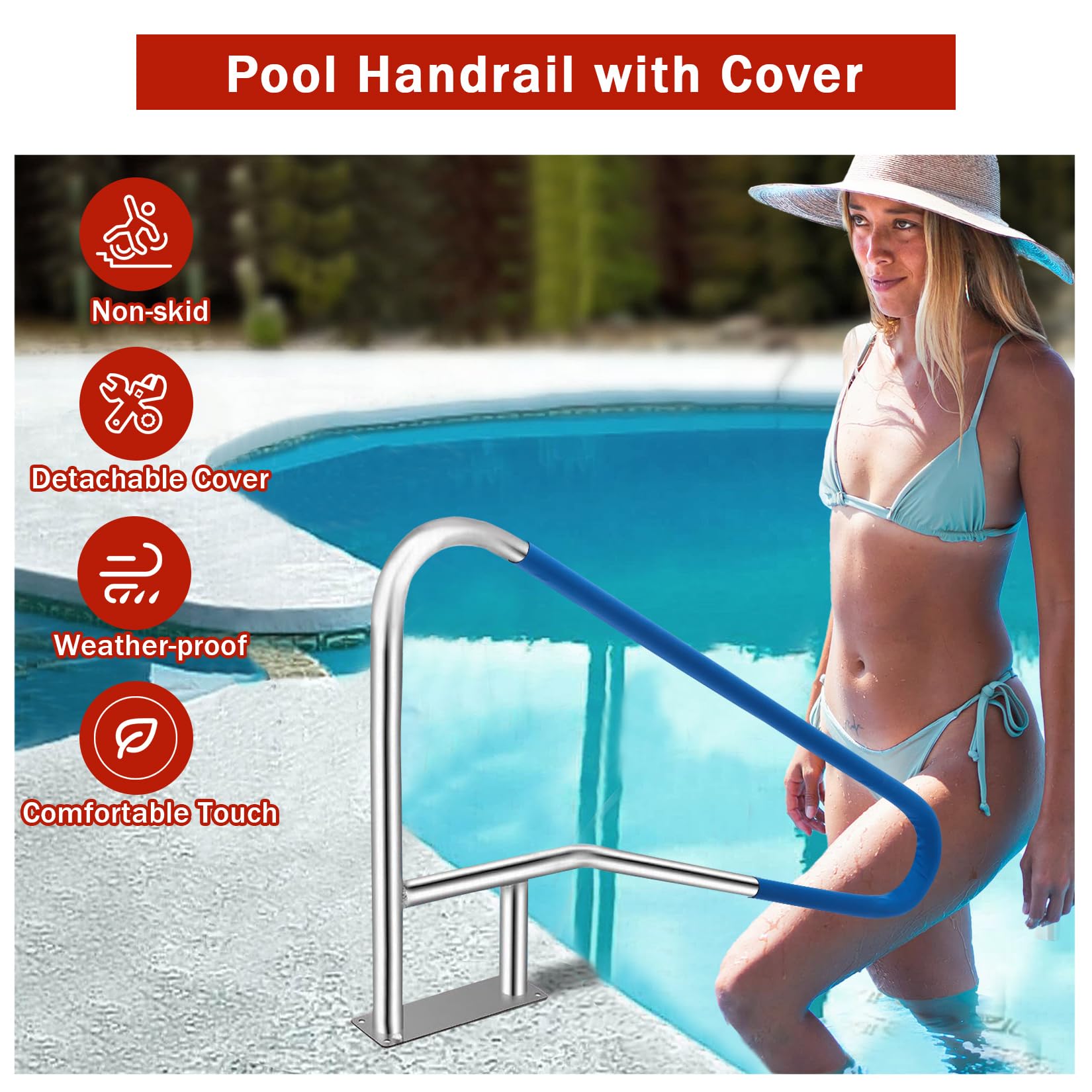 55 x 32 inch pool handrail with detachable blue non-slip grip cover