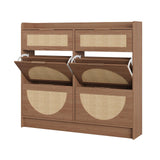 Garvee Rattan Shoe Storage Cabinet with 4 Flip Drawers & 2 Small Drawers for Entryway, Oak, Narrow Freestanding Shoe Rack Organizer, Adjustable Shelves, Sleek Metal Handles - Dark Oak