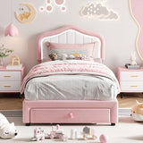 Garvee Upholstered Twin Bed Frame with LED Lights and Storage Drawer for Kids, Pink, Twin Size, Velvet - Twin-Pink And White