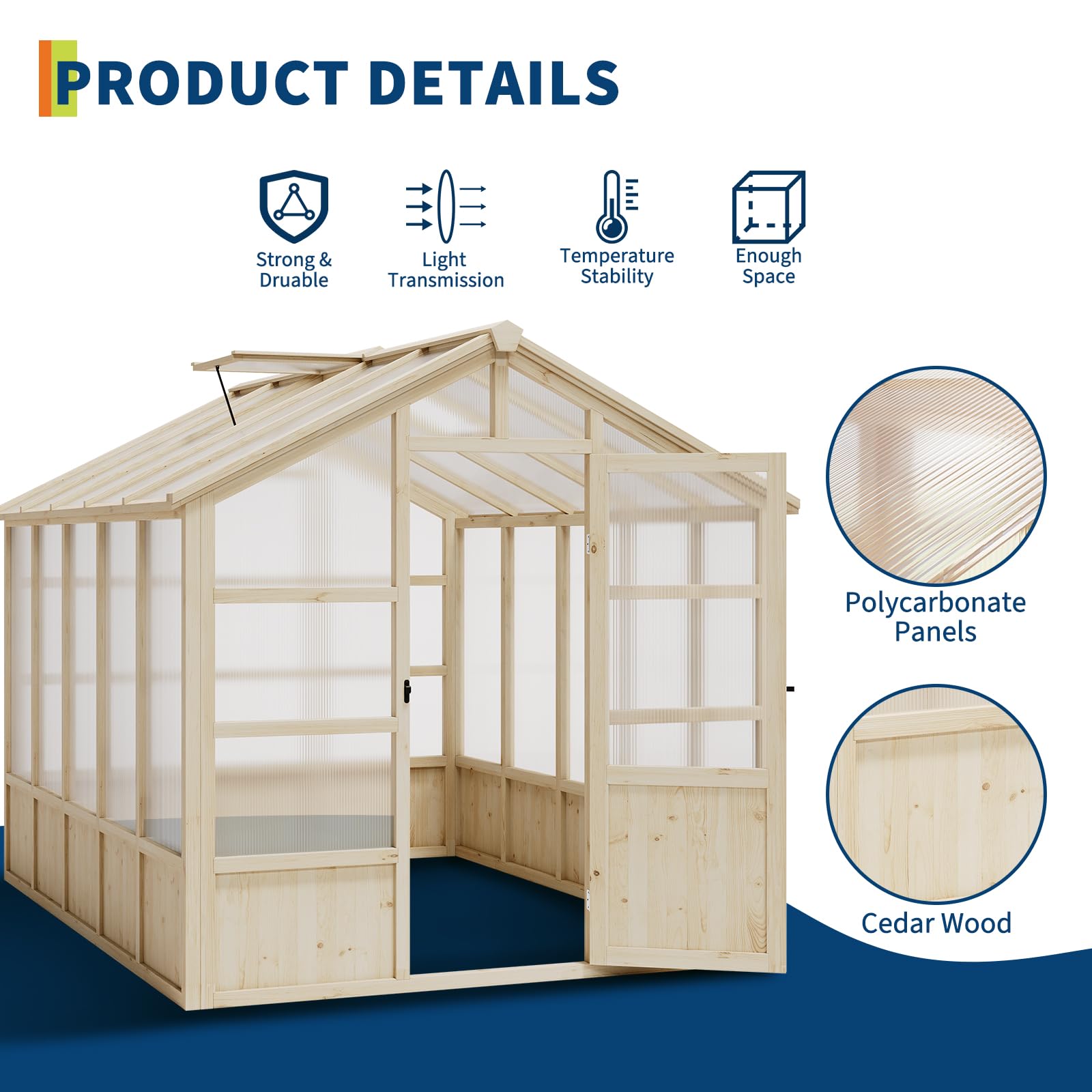 Light brown cedar greenhouse with polycarbonate panel detail views