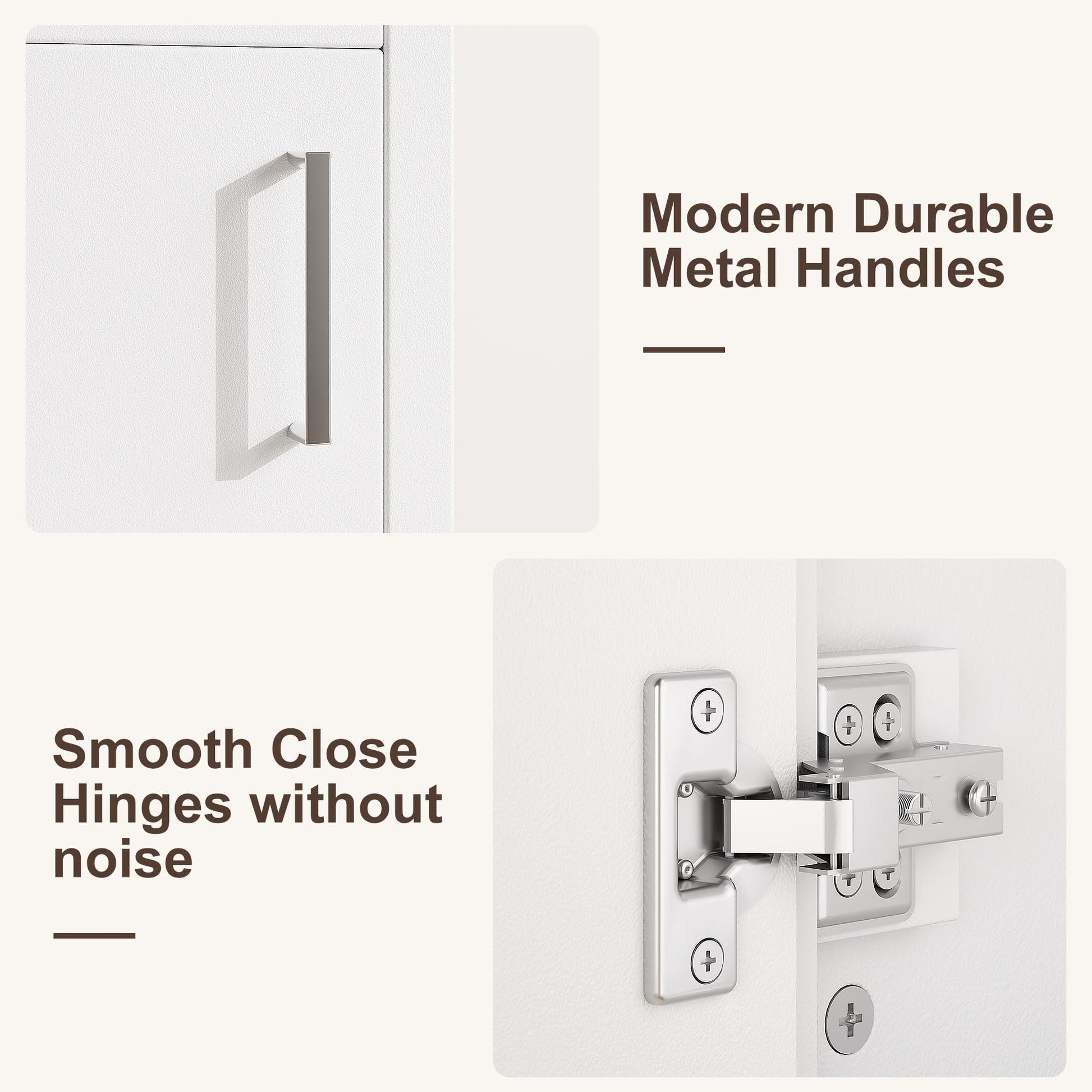 Durable metal handles and smooth-close hinges on vanity door
