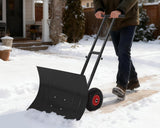 Garvee Heavy Duty Rolling Snow Pusher with Wheels, Adjustable Angled Metal Blade, 29x20 Inch, Black Red Wheel for Driveway and Sidewalk Clearing - Black