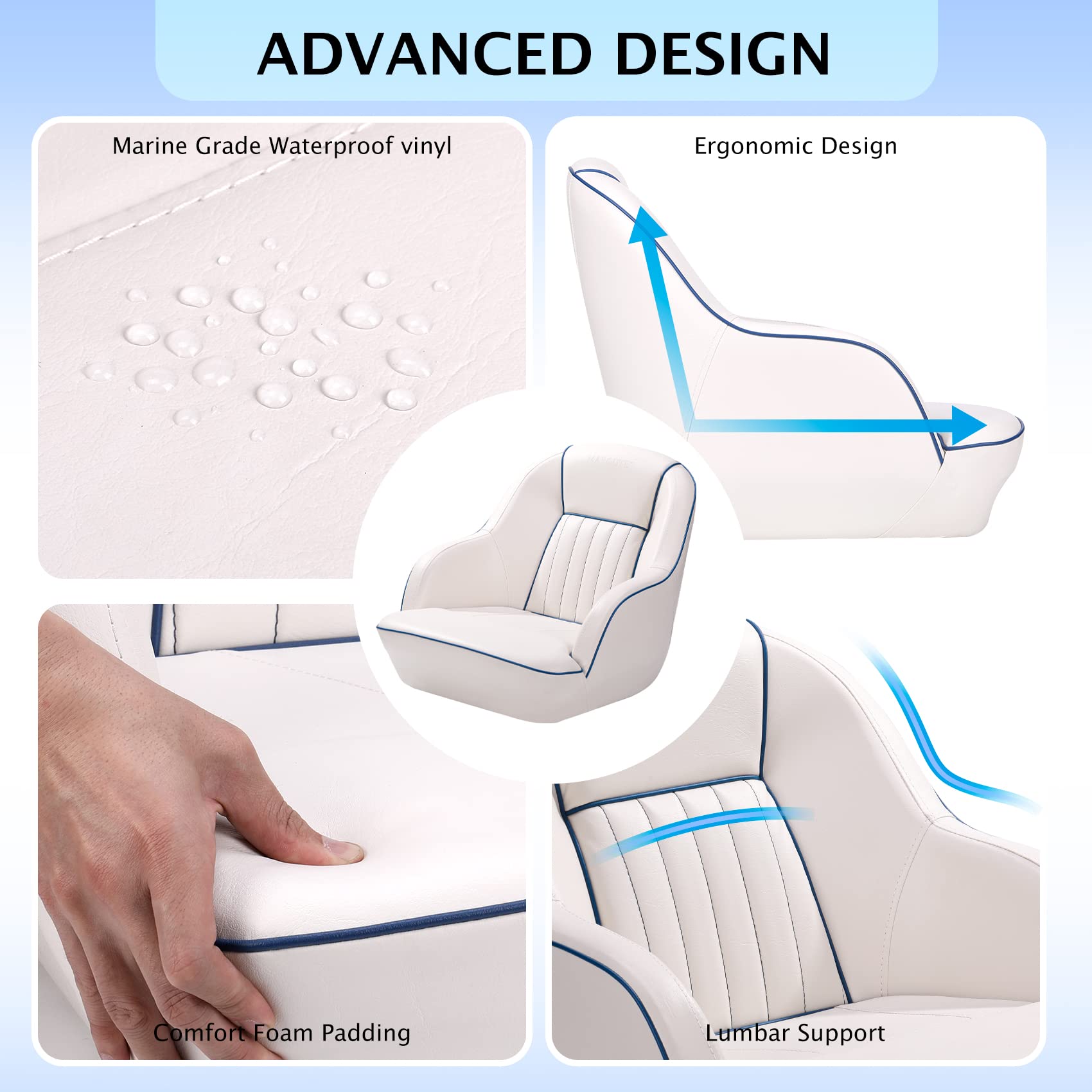 white and blue captain boat seat advanced vinyl and ergonomic design details