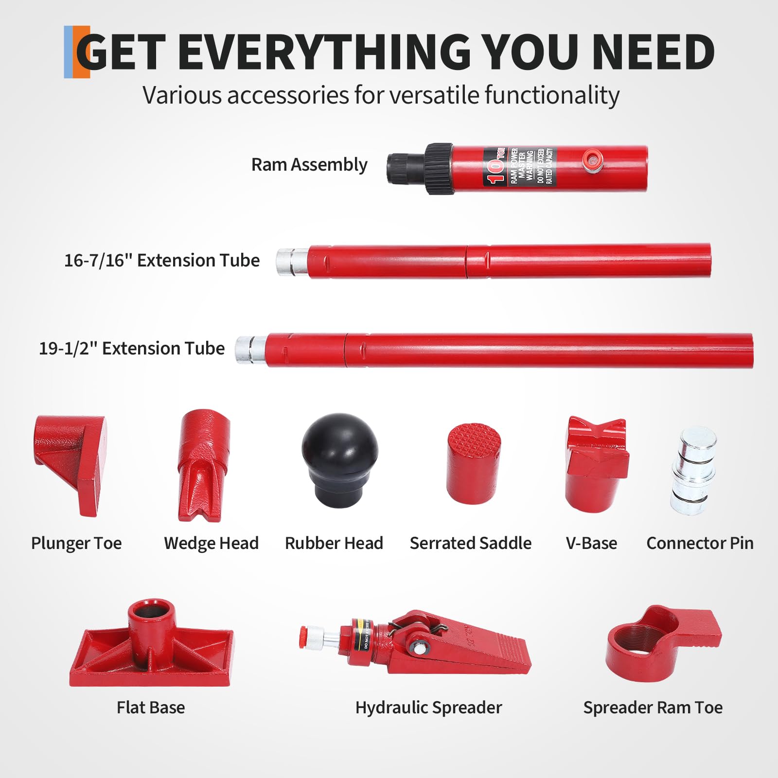 Red porta power attachment set with extension tubes repair heads bases and hydraulic components