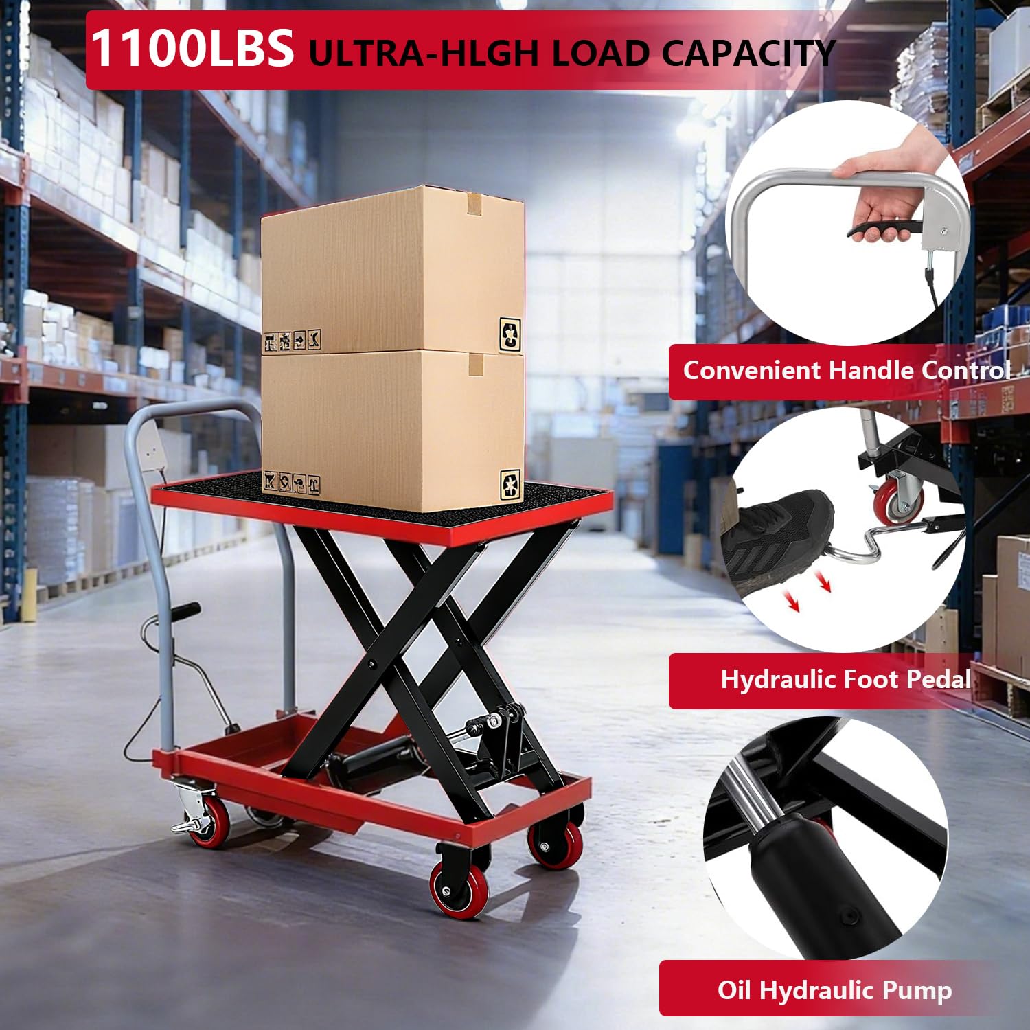 Hydraulic lift table cart with foot pedal and release handle
