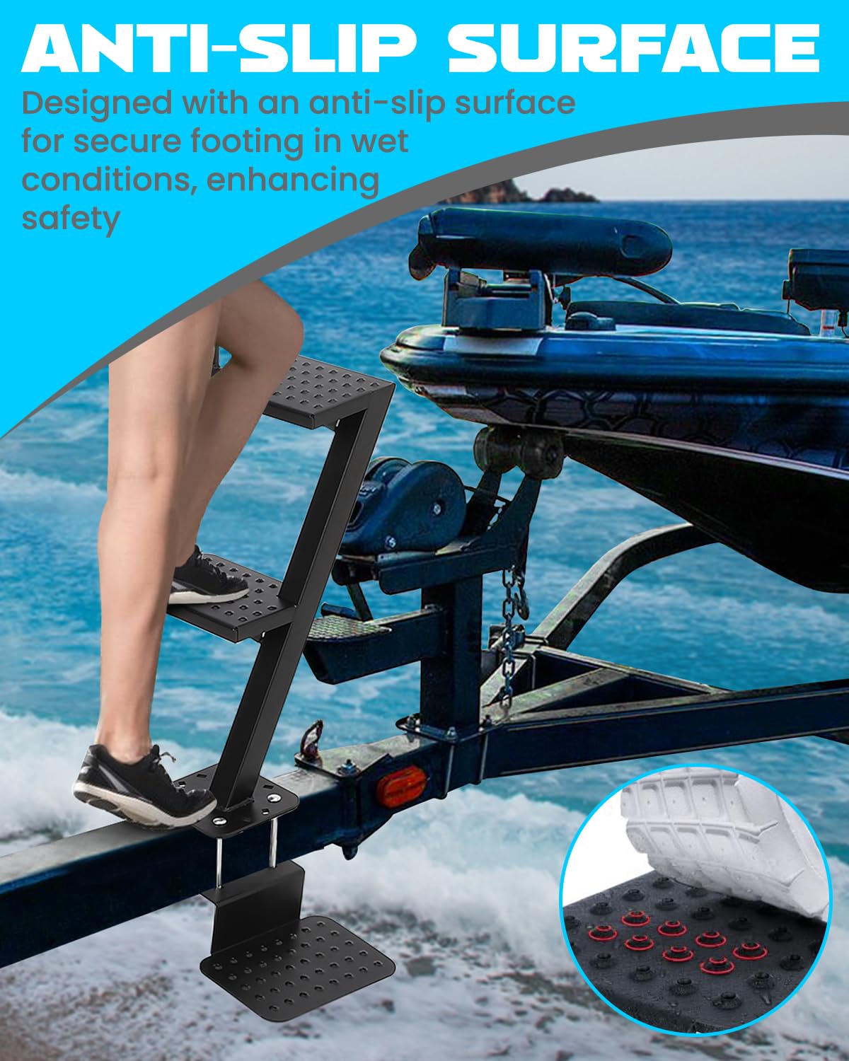 Anti-slip surface on boat trailer steps