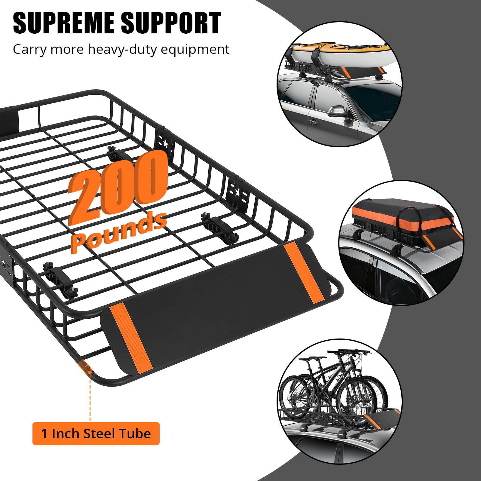 Large steel rooftop cargo basket demonstrating 200 pound load support